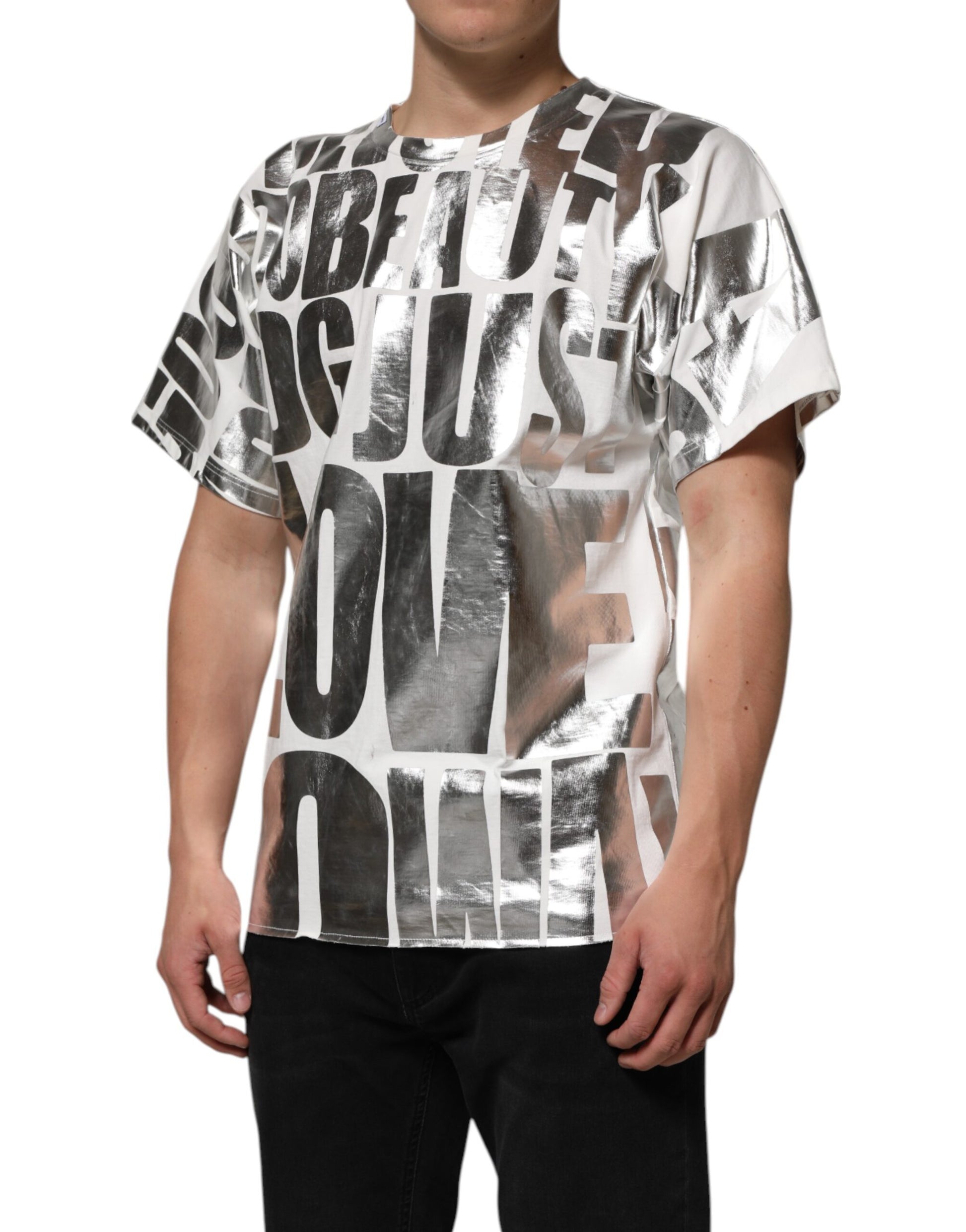 White t-shirt with black and white text