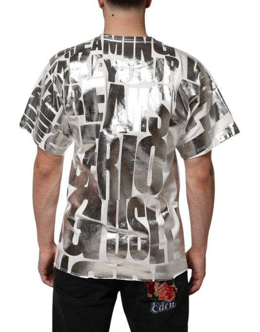 Back view of a person wearing a graphic t-shirt with various words and phrases