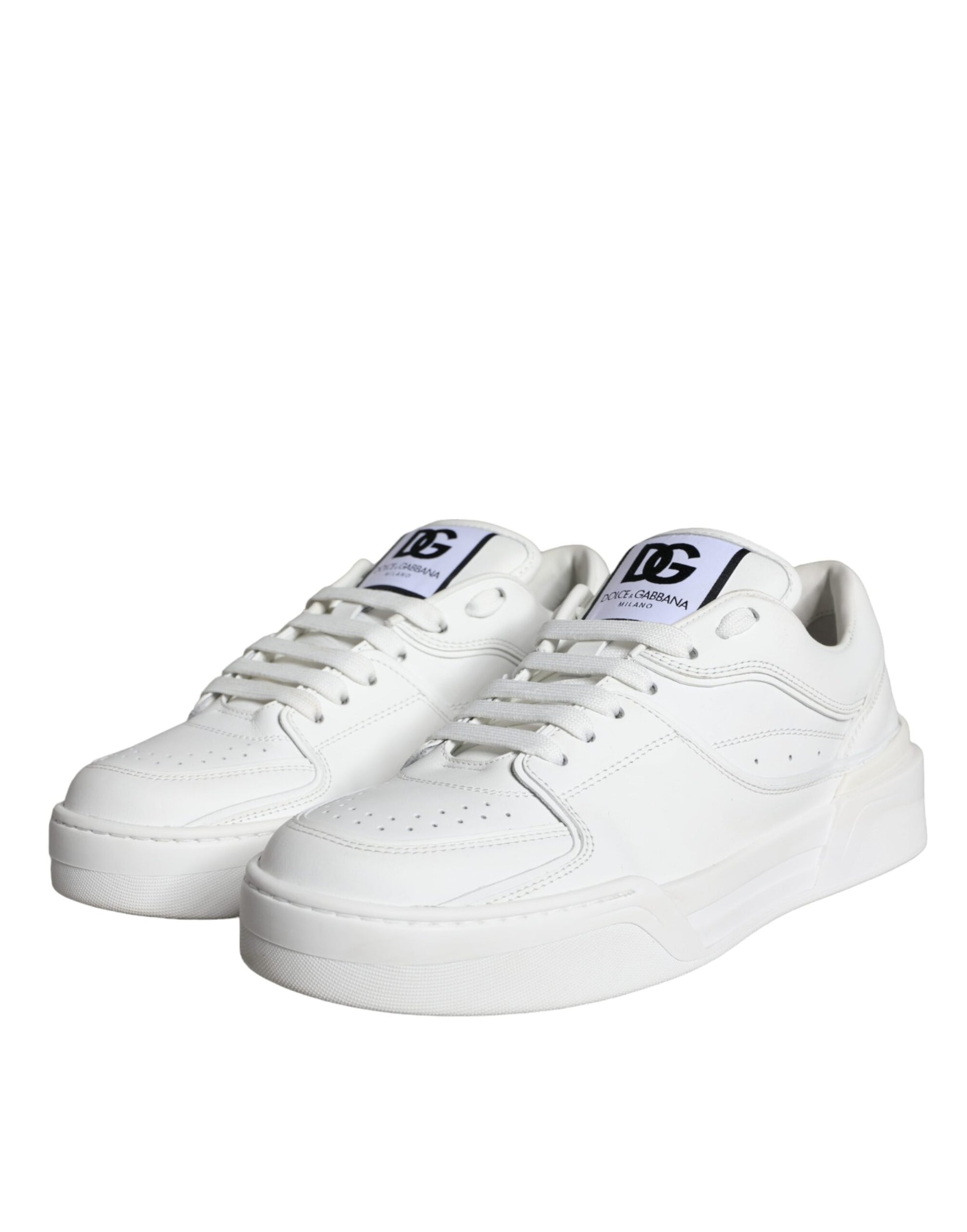 White leather low top sneakers with black laces and logo on side