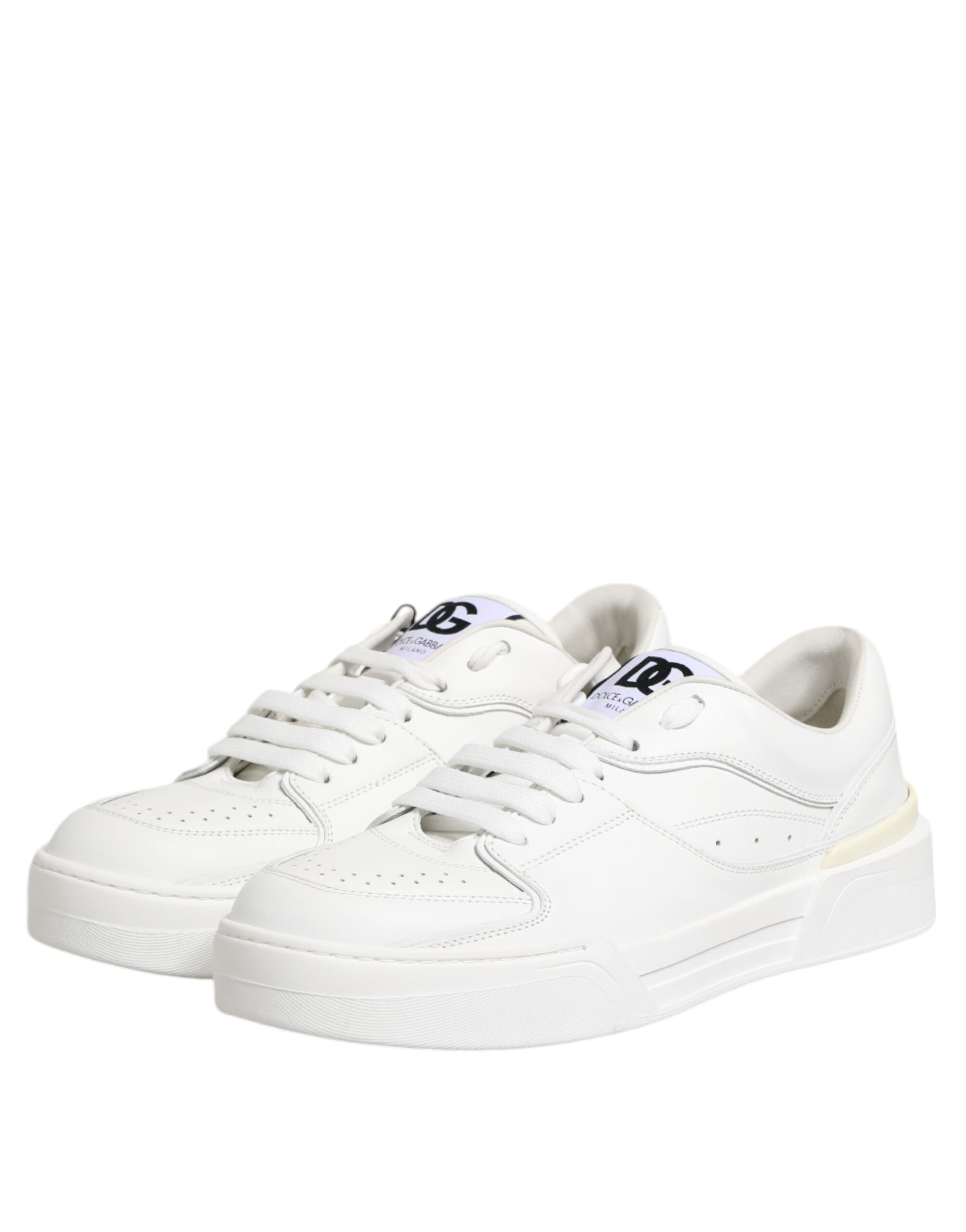 Pair of white leather sneakers with low top, featuring a logo on the side and a chunky sole