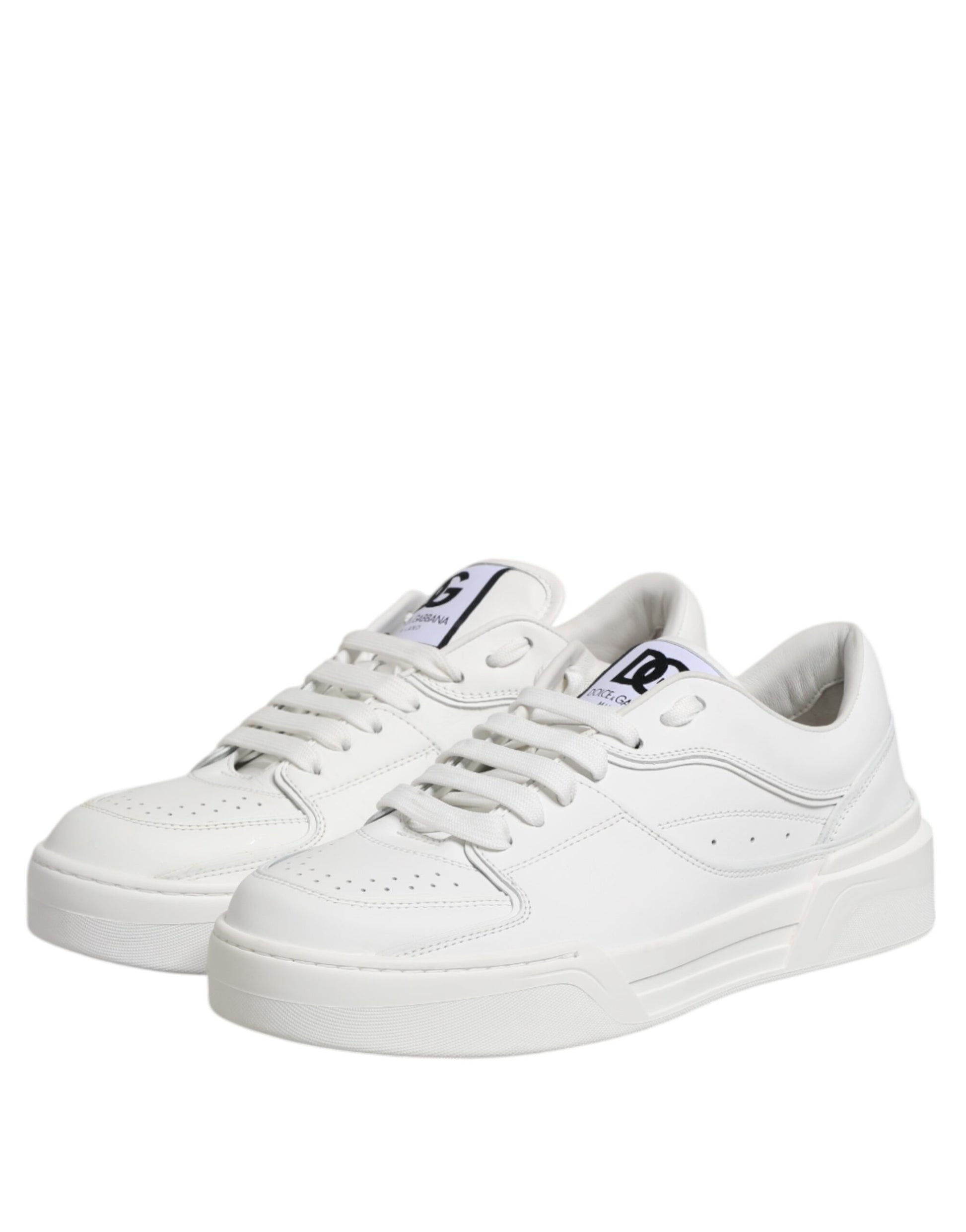 White leather low top sneakers with black laces and logo on side