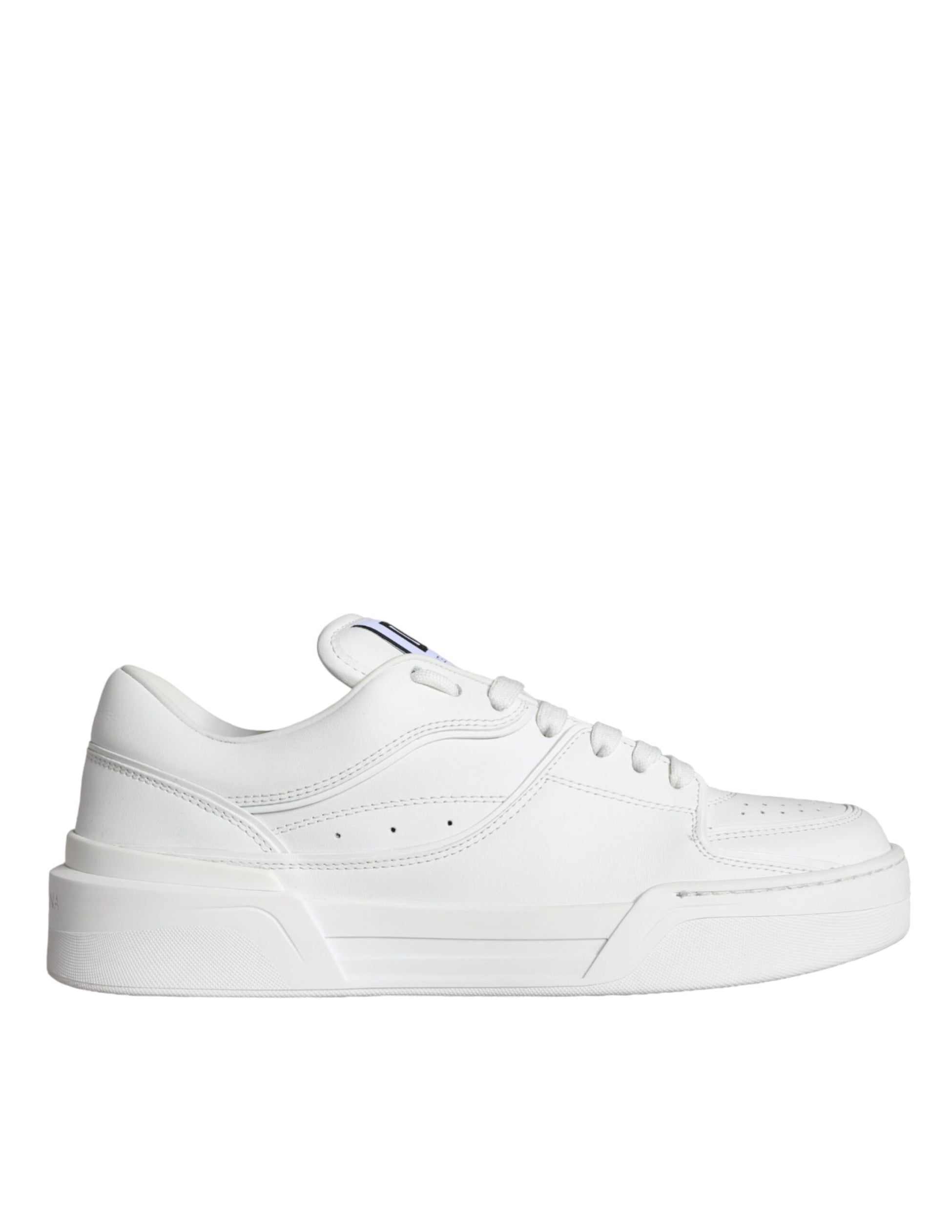 White leather low top sneakers with laces, featuring a logo on the side and a flat sole