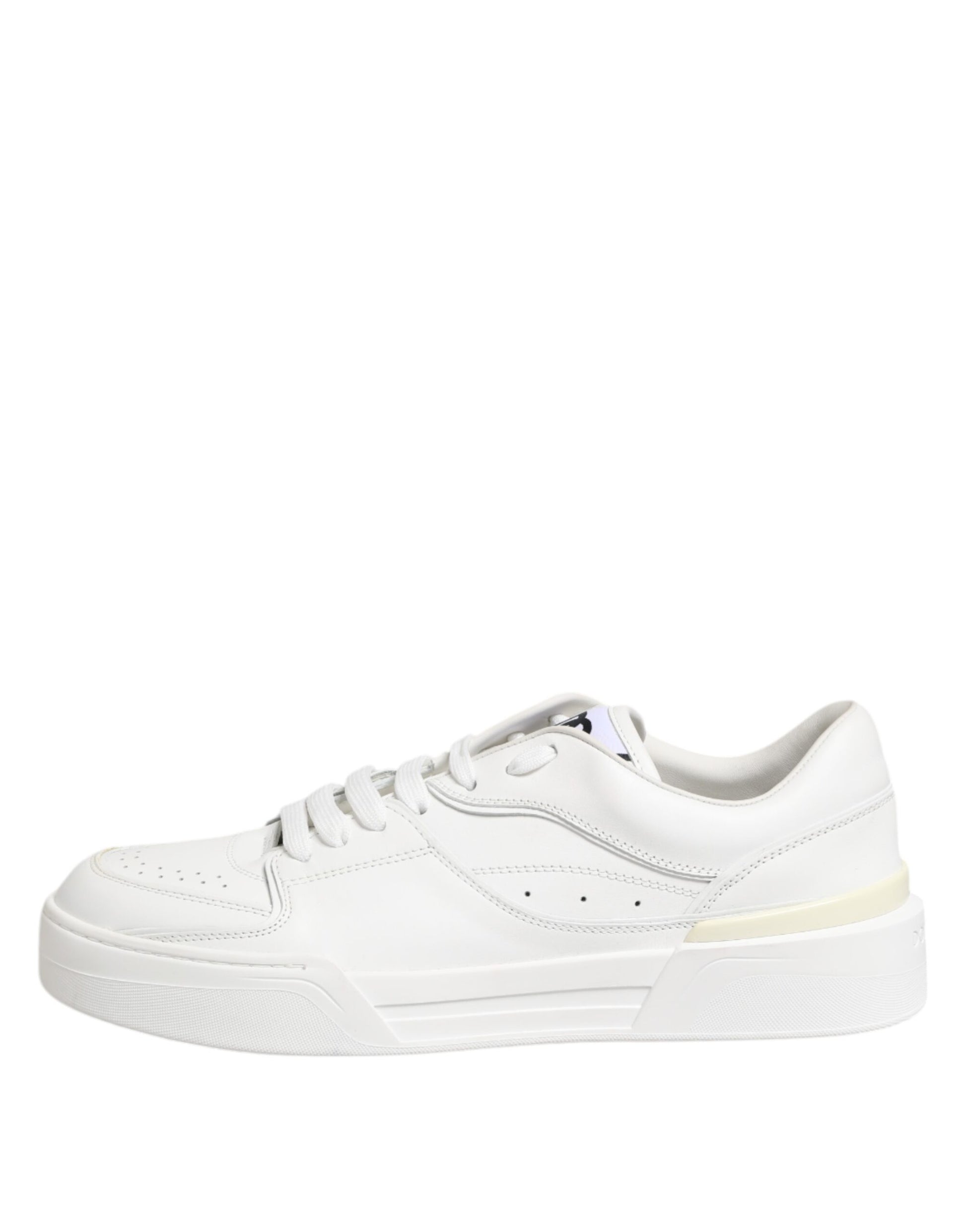 White leather low top sneakers with black laces and a logo on the side