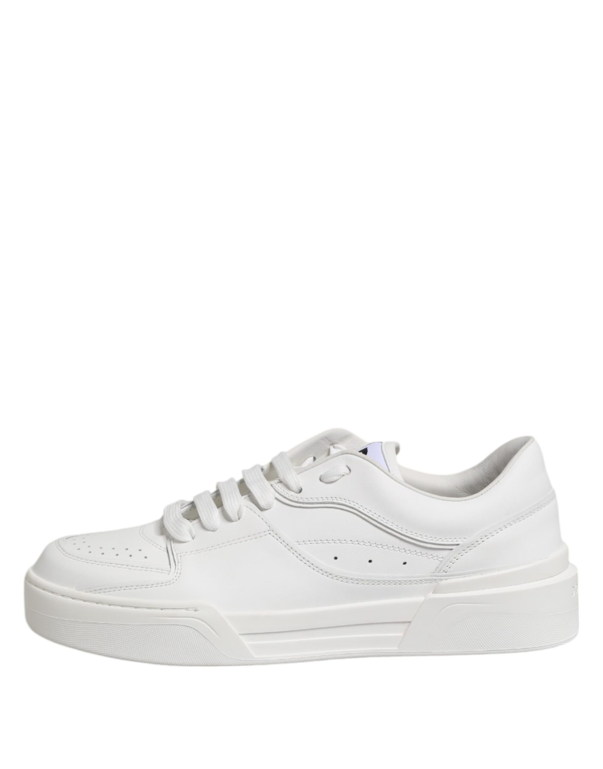 White leather low top sneakers with laces, featuring a logo on the side and a chunky sole
