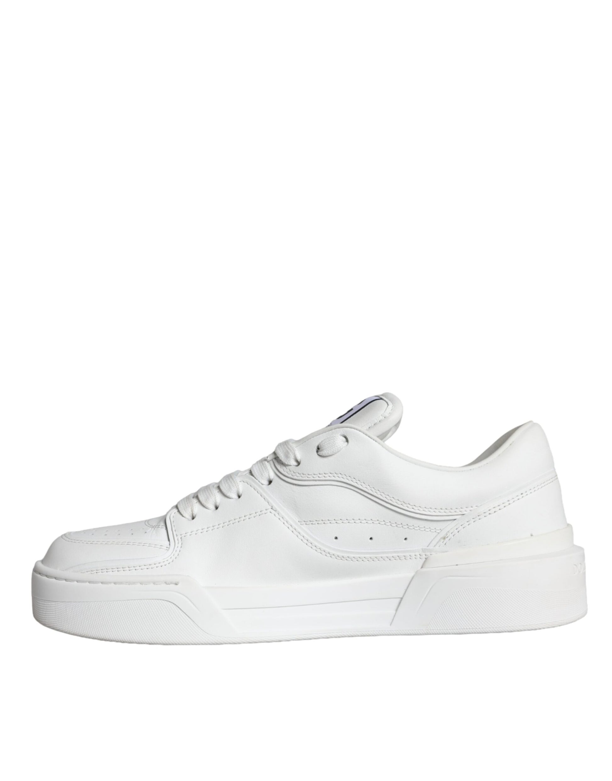 White leather low top sneakers with laces, featuring a logo on the side and a flat sole