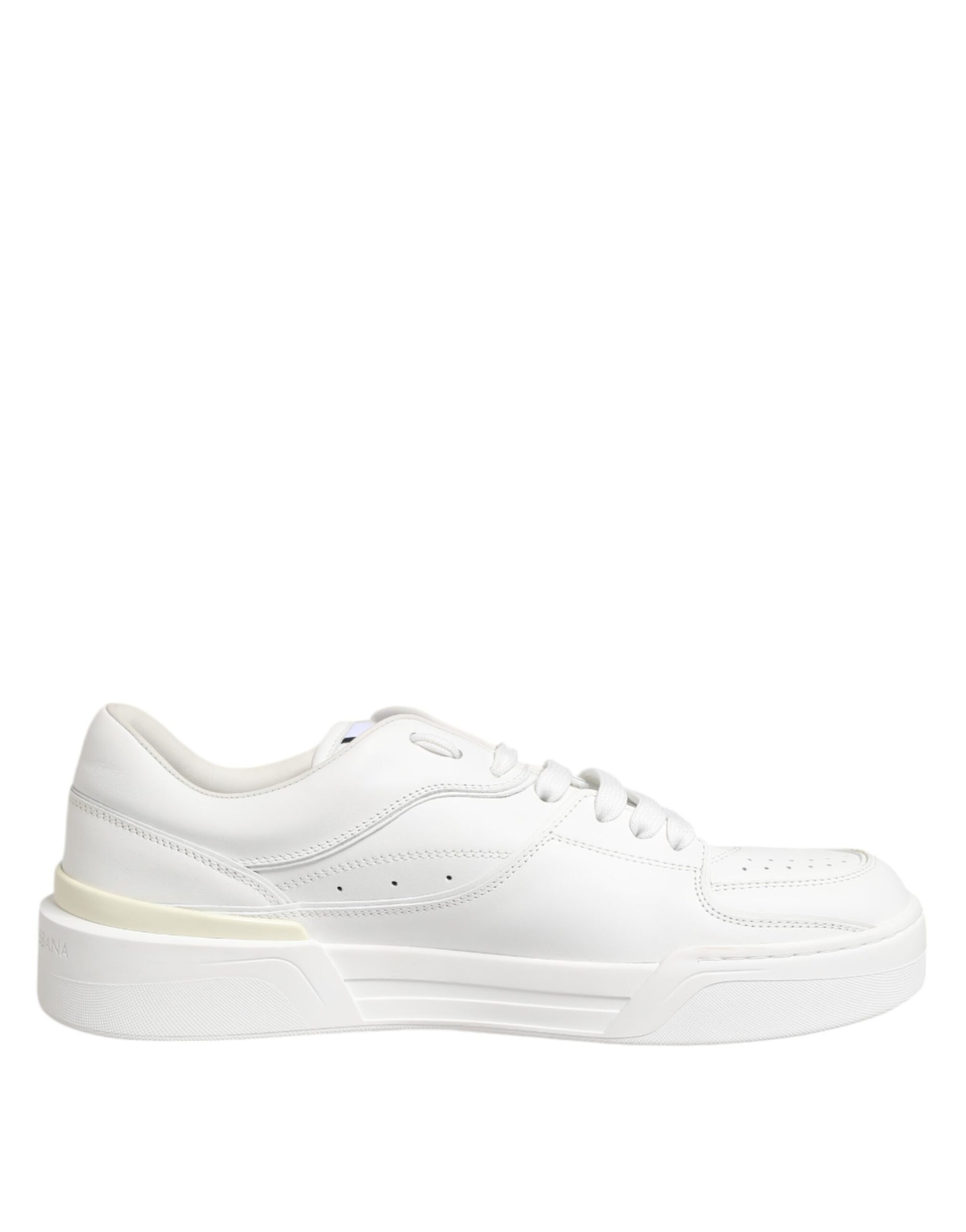 White leather low top sneakers with laces, featuring a logo on the side and a chunky sole
