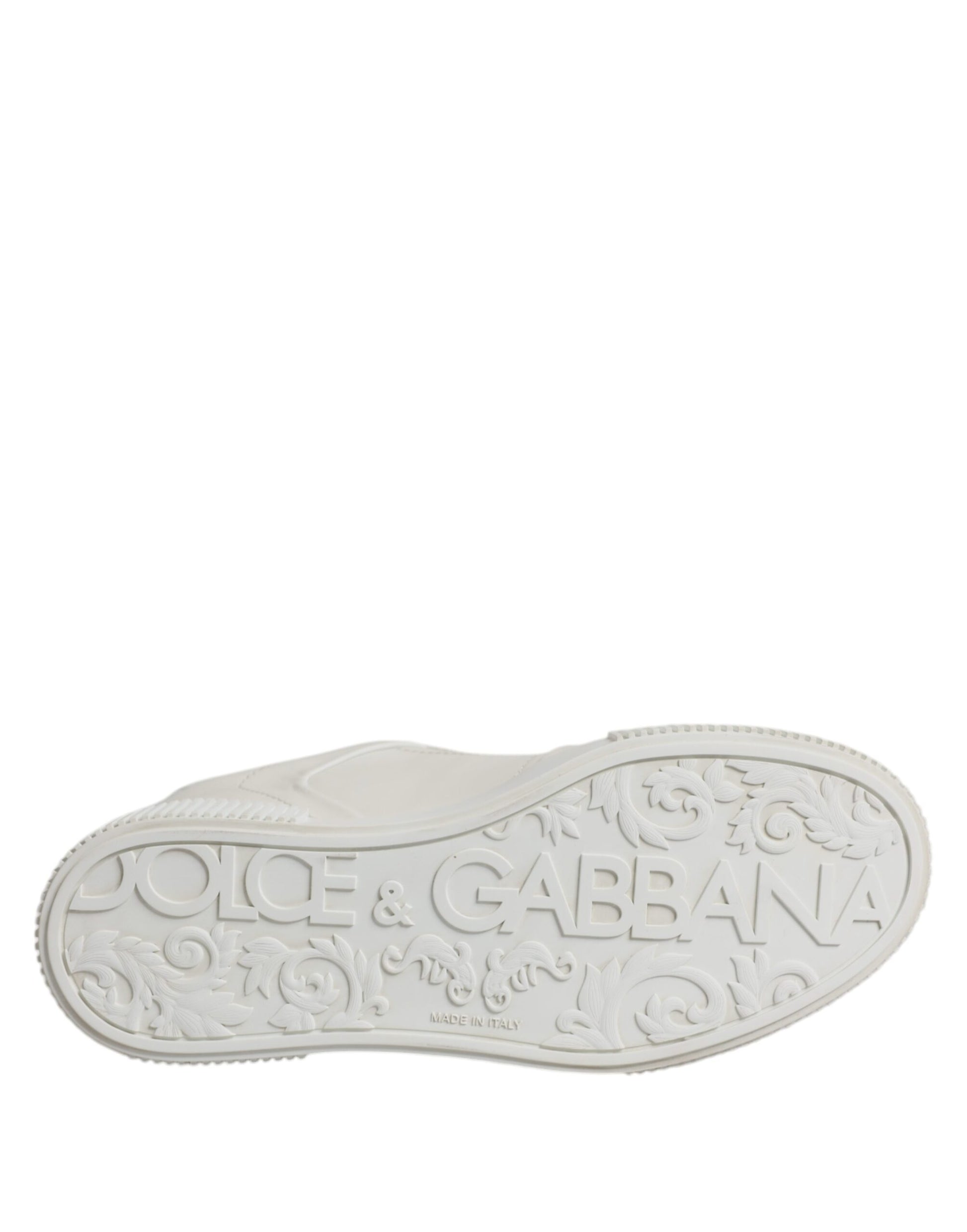 A pair of white leather sneakers with a low top, featuring the brand name "Dolce & Gabbana" on the side