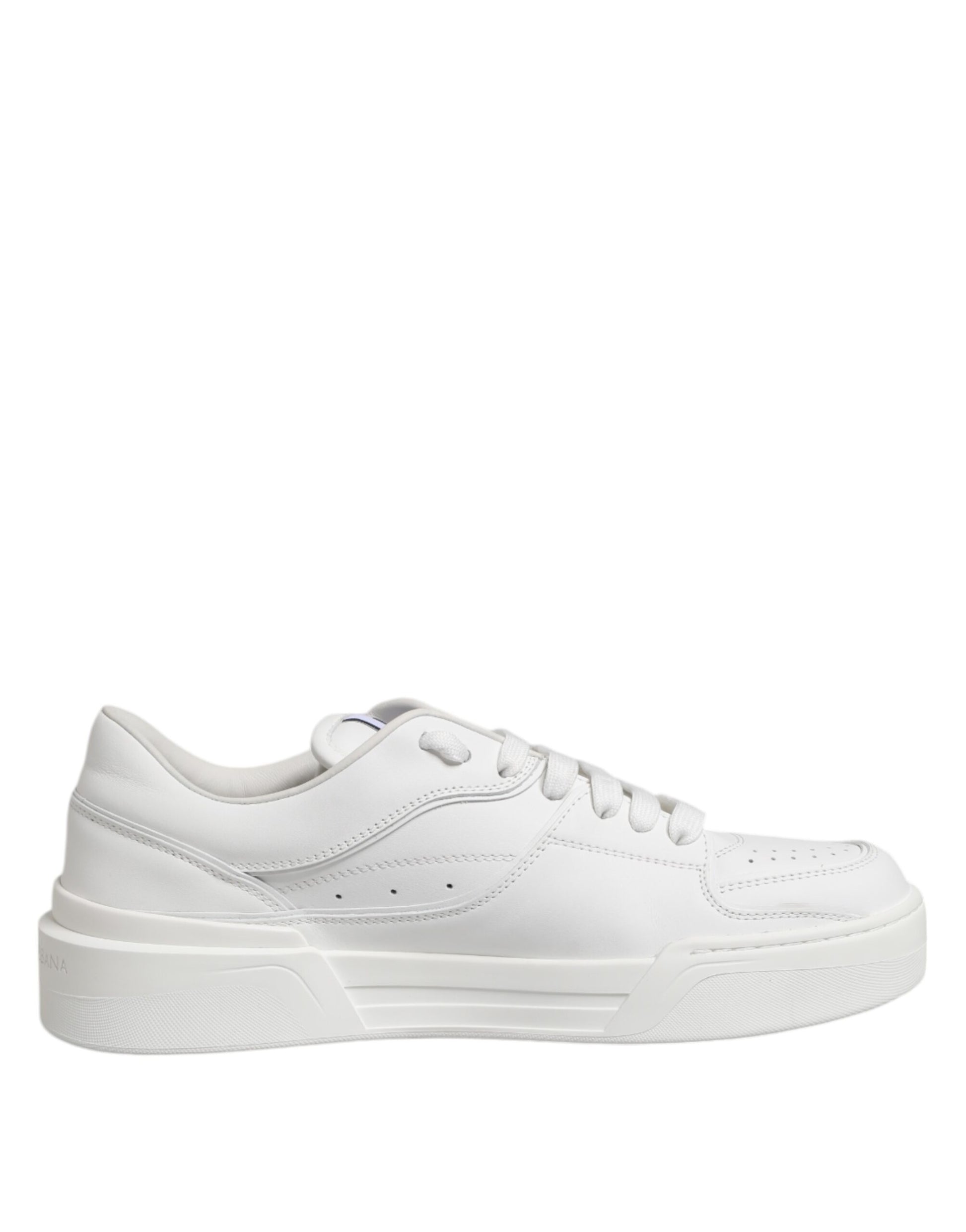 White leather low top sneakers with laces, featuring a logo on the side and a flat sole
