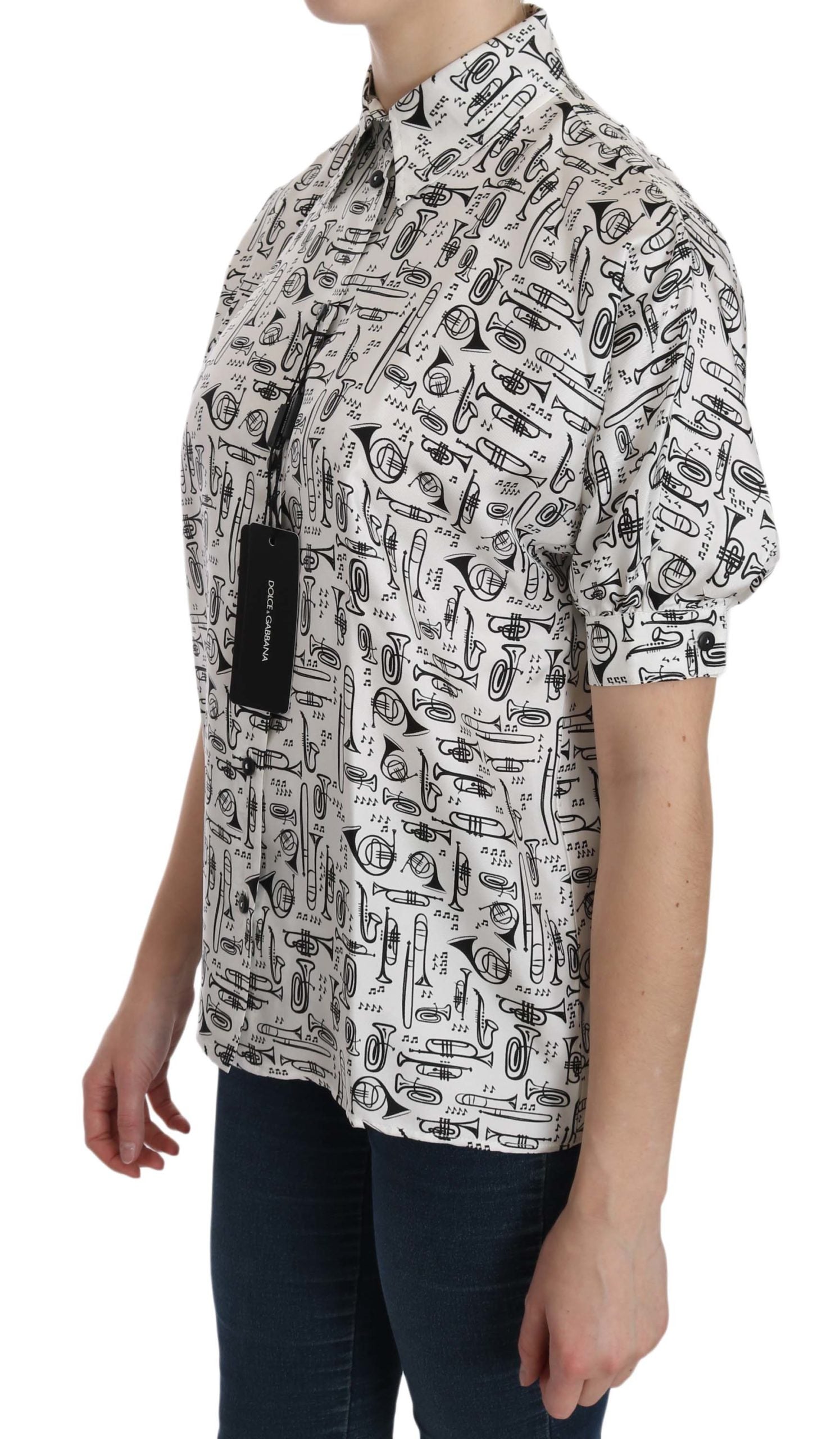Short sleeve shirt with white background and black writing