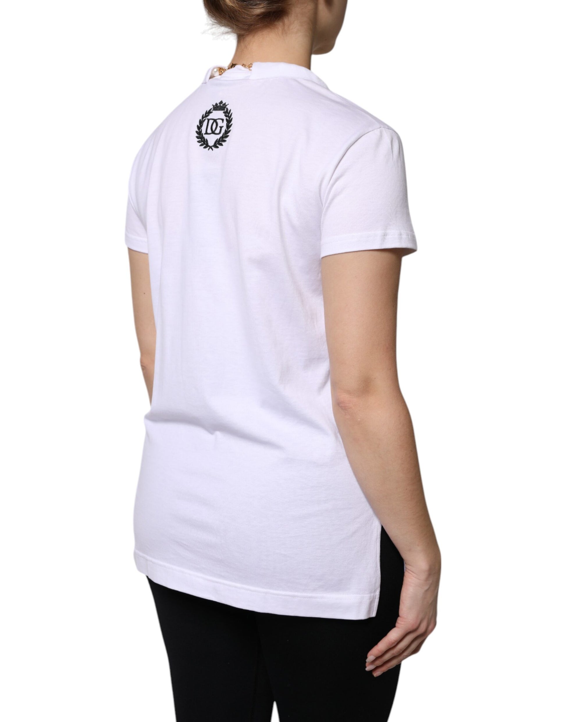 White t-shirt with black logo on back