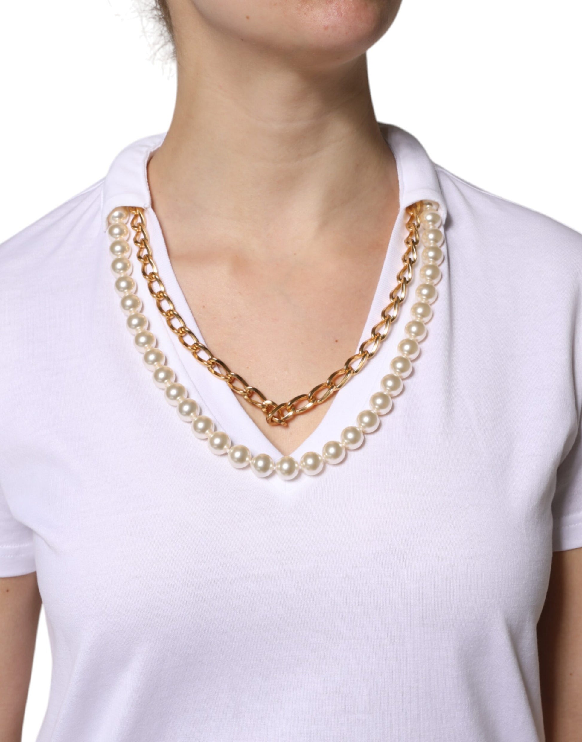 Woman wearing pearl necklace