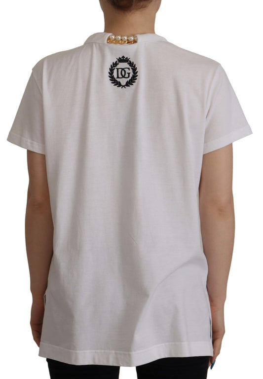 White short sleeve t-shirt with black logo on back