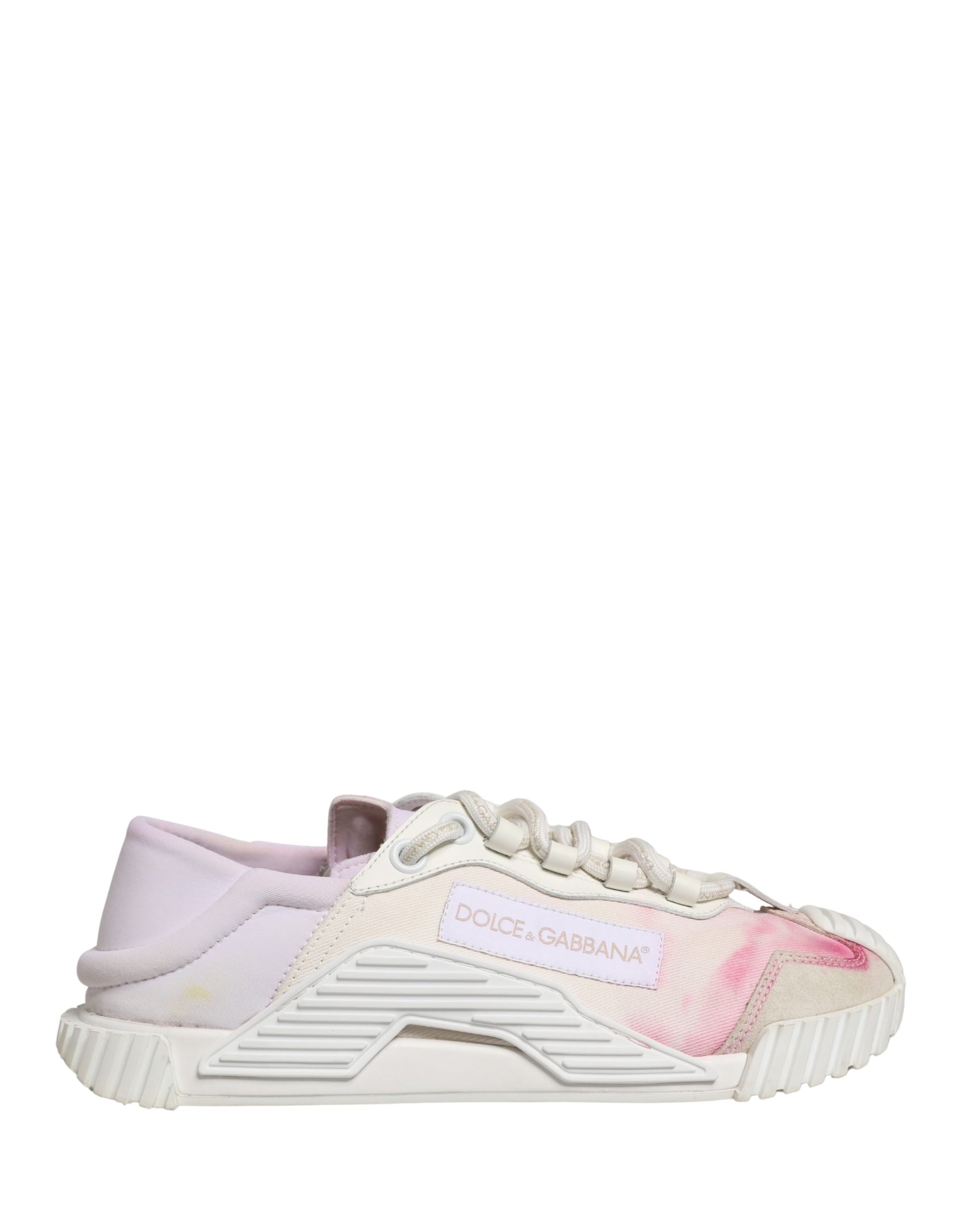 Pink and white lace-up sneakers with a low top, featuring the Dolce & Gabbana logo