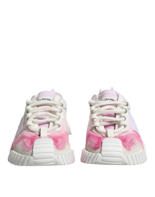 Pink and white lace-up sneakers with a floral pattern on the side