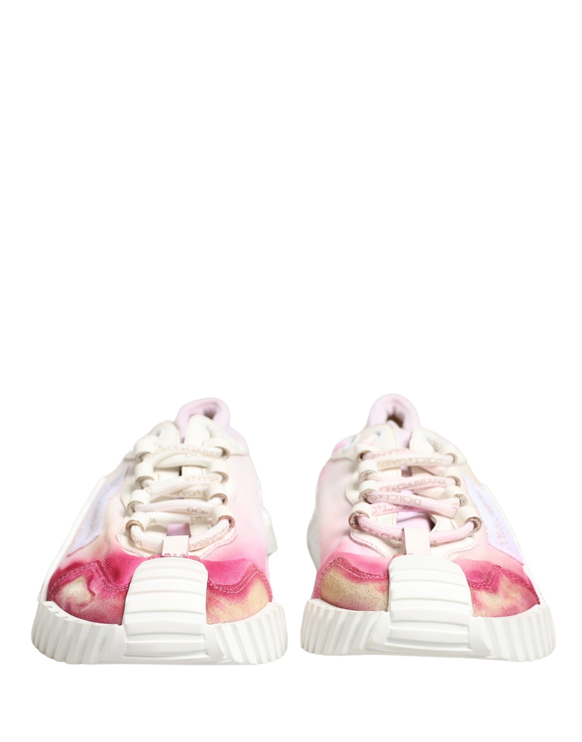 Pink and white lace-up sneakers with a glittery texture, featuring the Dolce & Gabbana logo