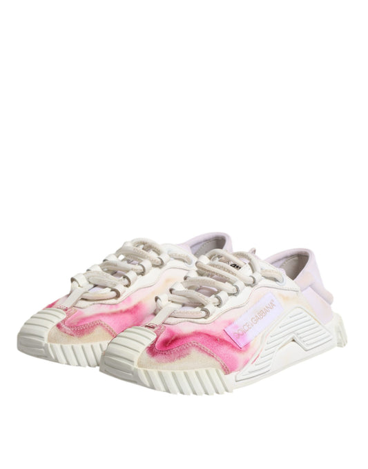 Pink and white lace-up sneakers with a floral pattern on the side