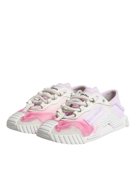 Pink and white lace-up sneakers with a glittery finish