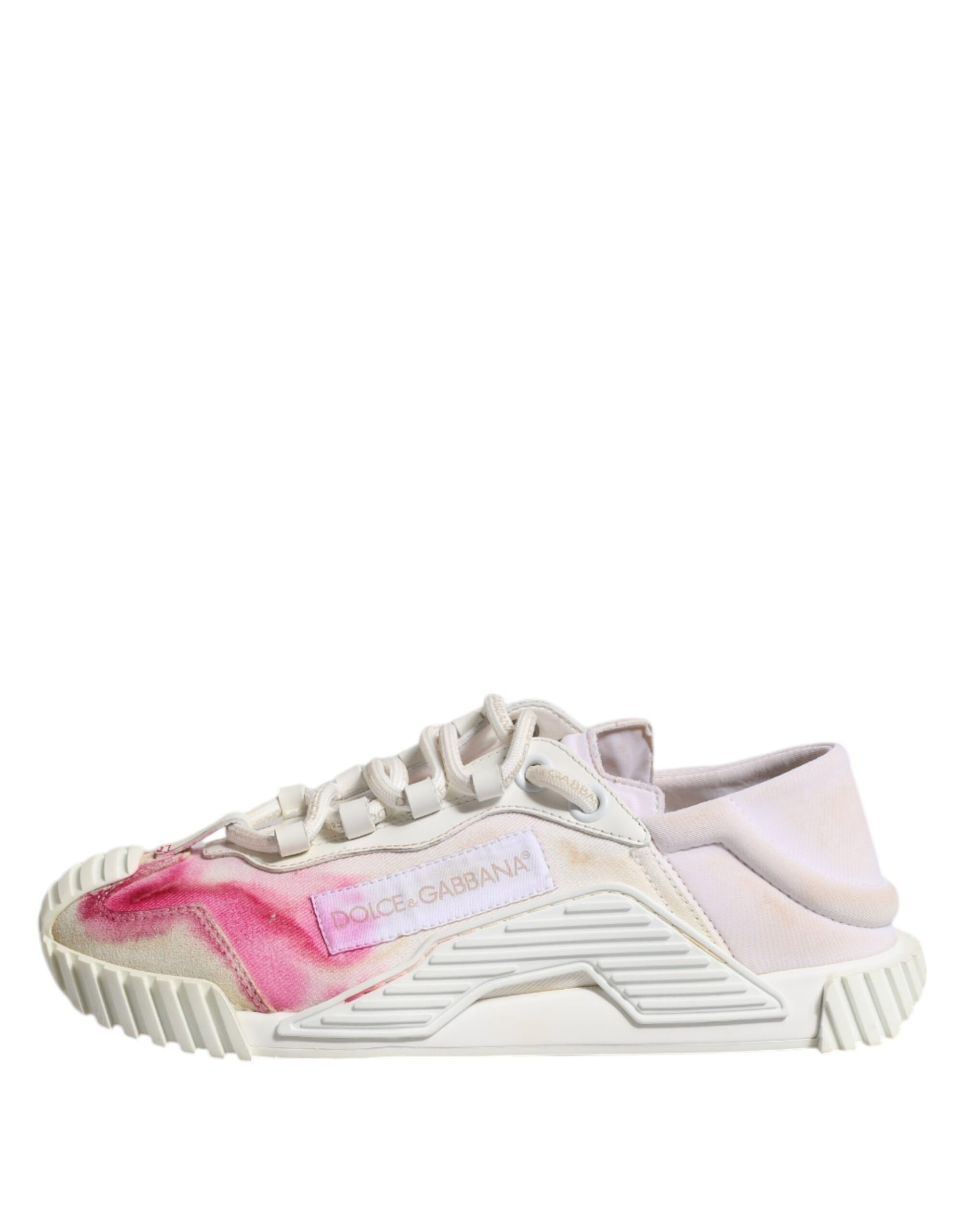 Pink and white lace-up sneakers with a logo on the side