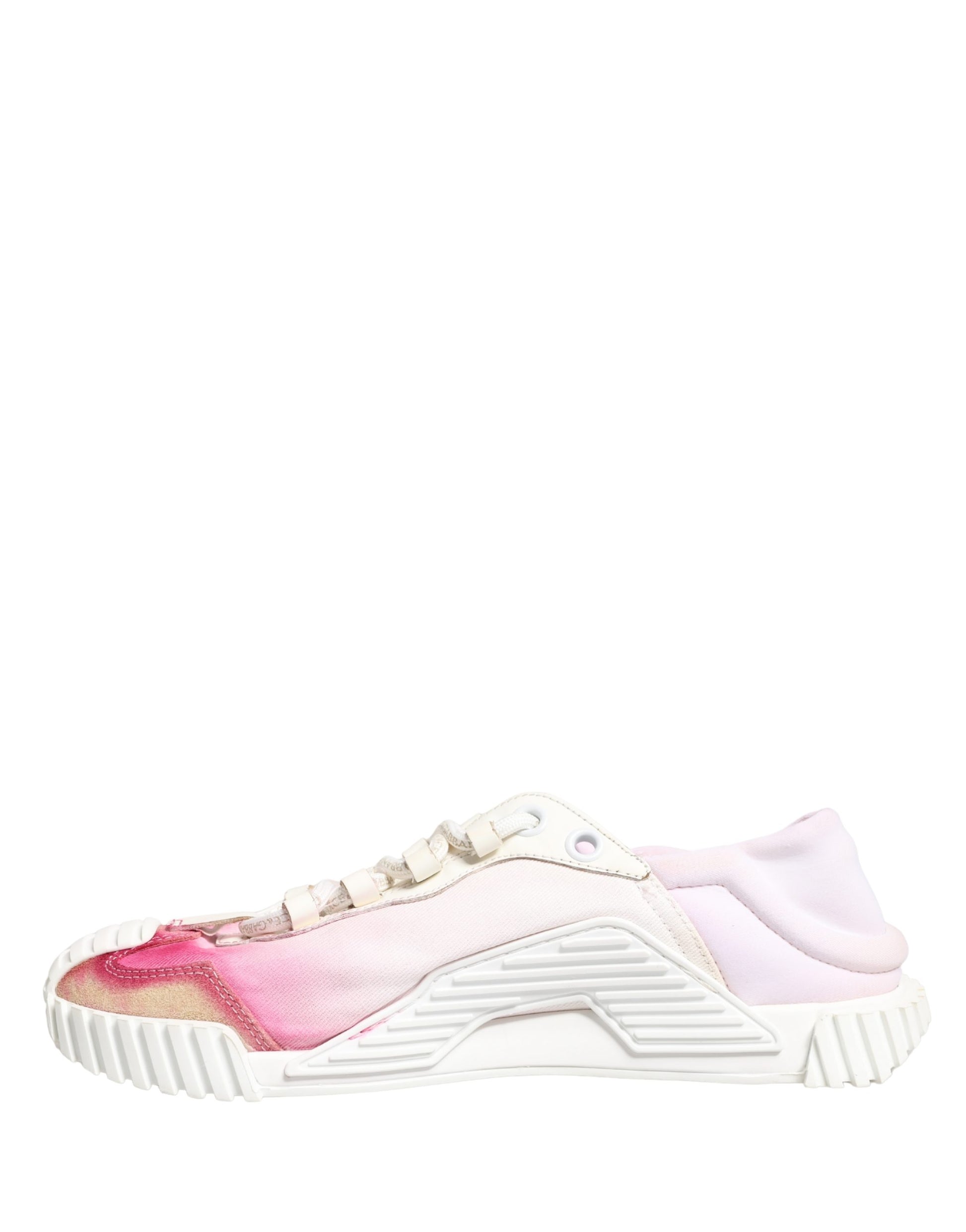 Pink and white lace-up sneakers with a glittery texture on the toe