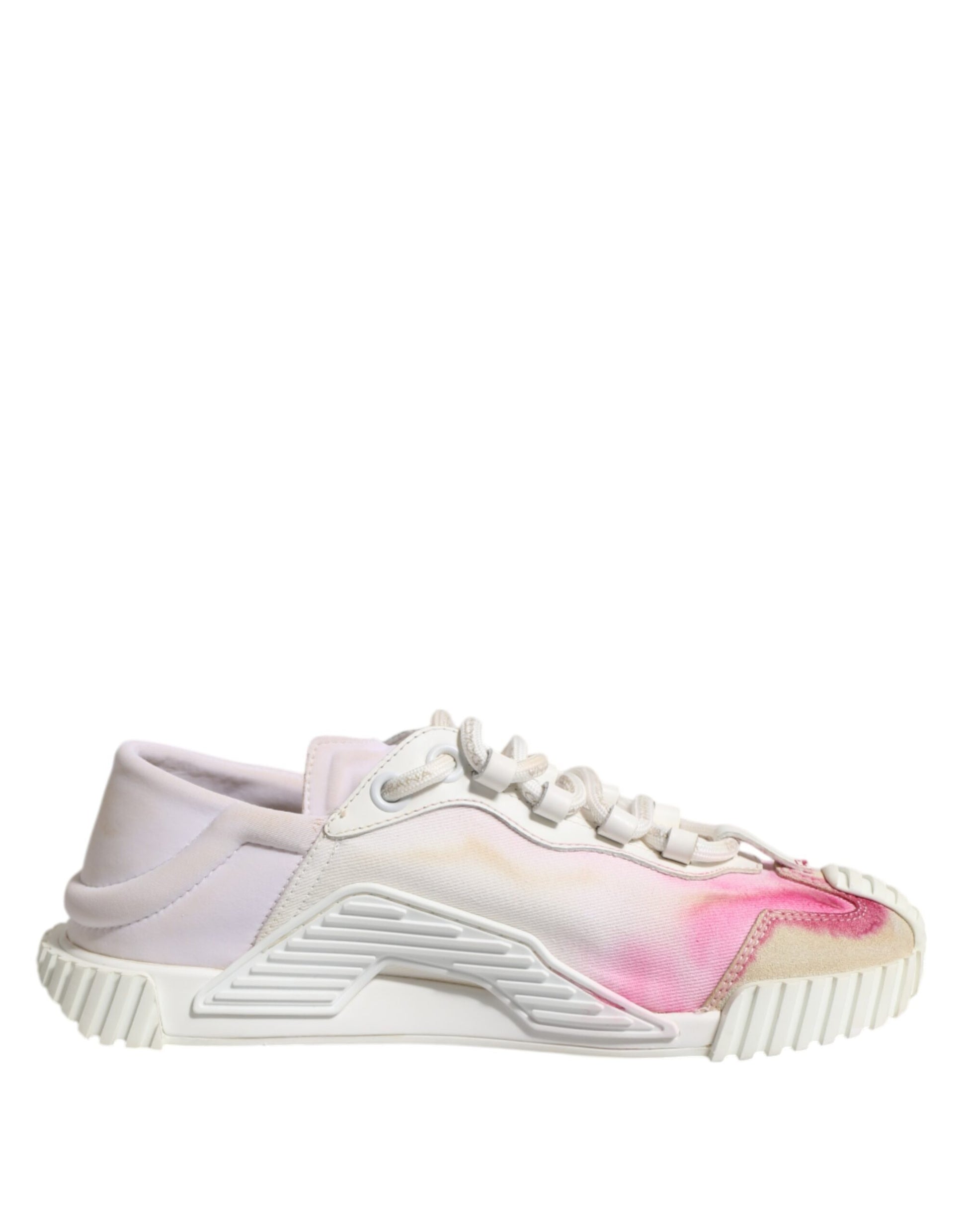 Pink and white lace-up sneakers with a textured upper
