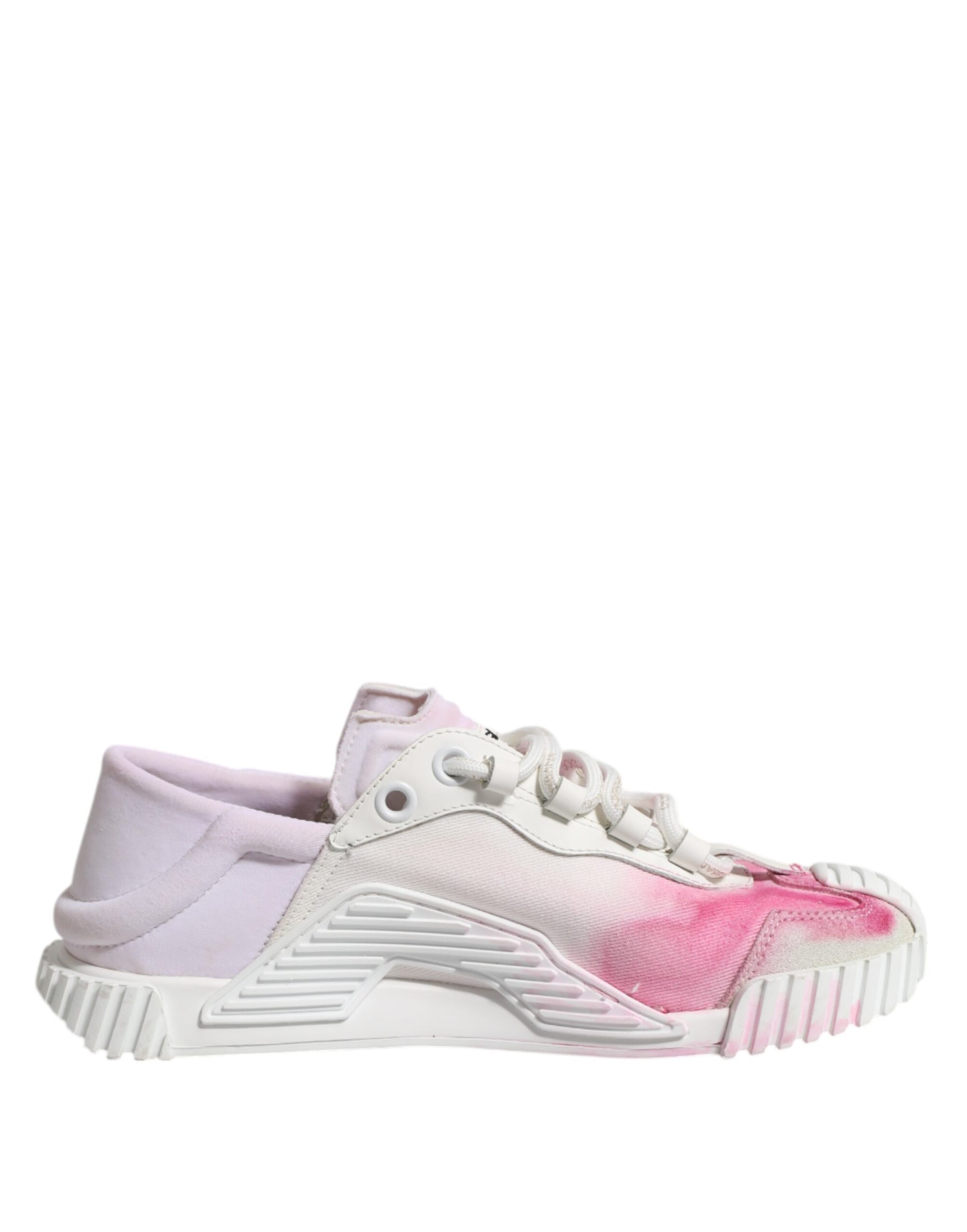 Pink and white lace-up sneakers with a textured sole