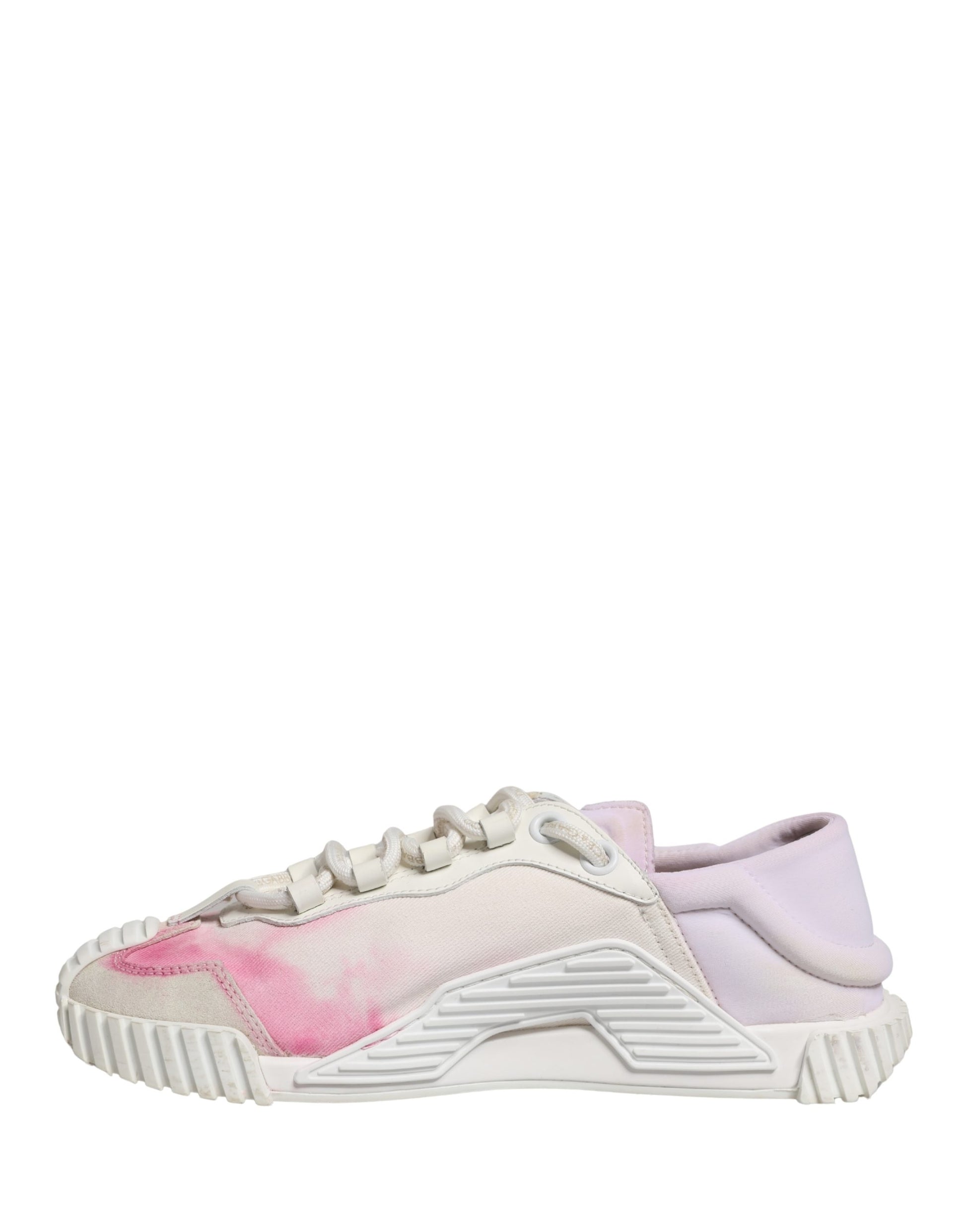 Pink and white lace-up sneakers with a textured sole