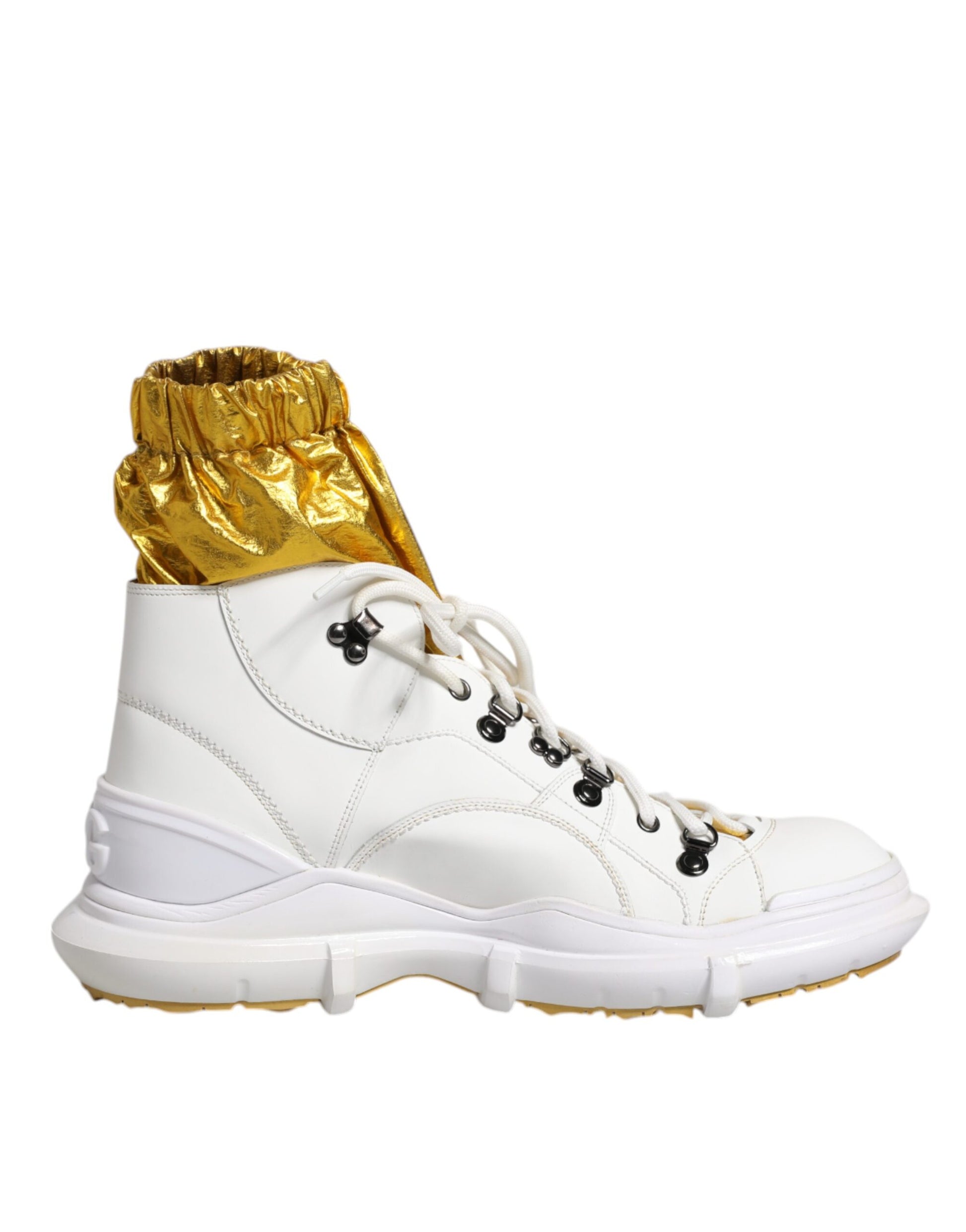 White nylon sneakers with gold accents, featuring high top design and chunky sole