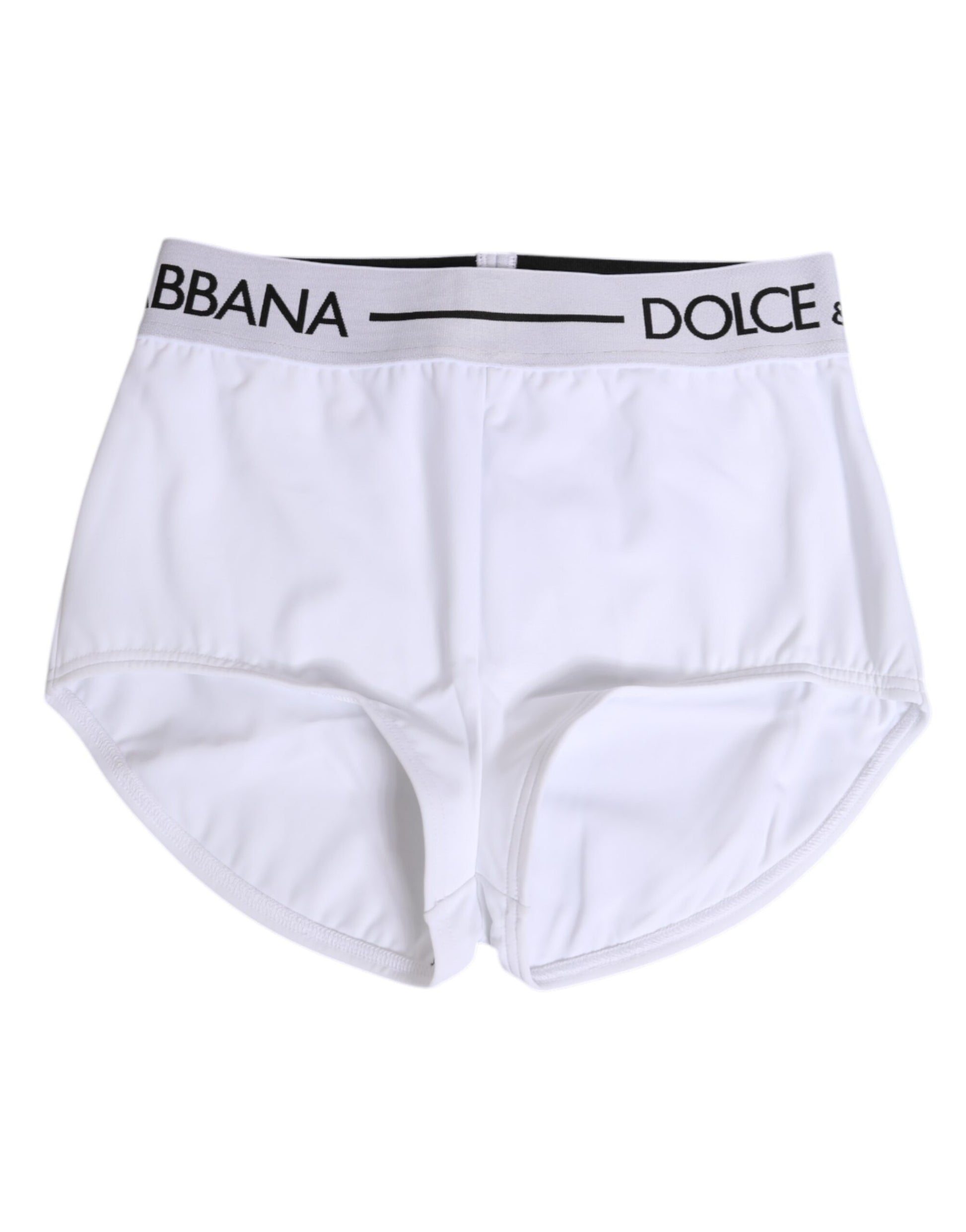 White nylon underwear with logo waistband, featuring brand names