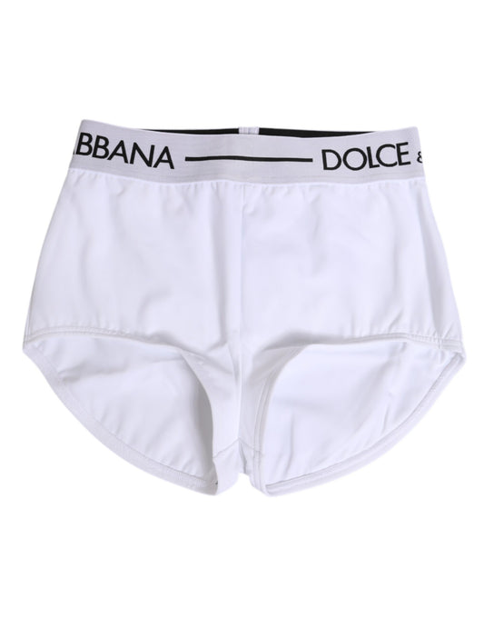 White nylon underwear with logo waistband, featuring brand names