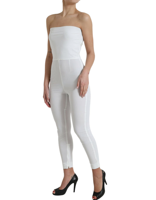 A white nylon strapless bodycon jumpsuit dress with a fitted silhouette