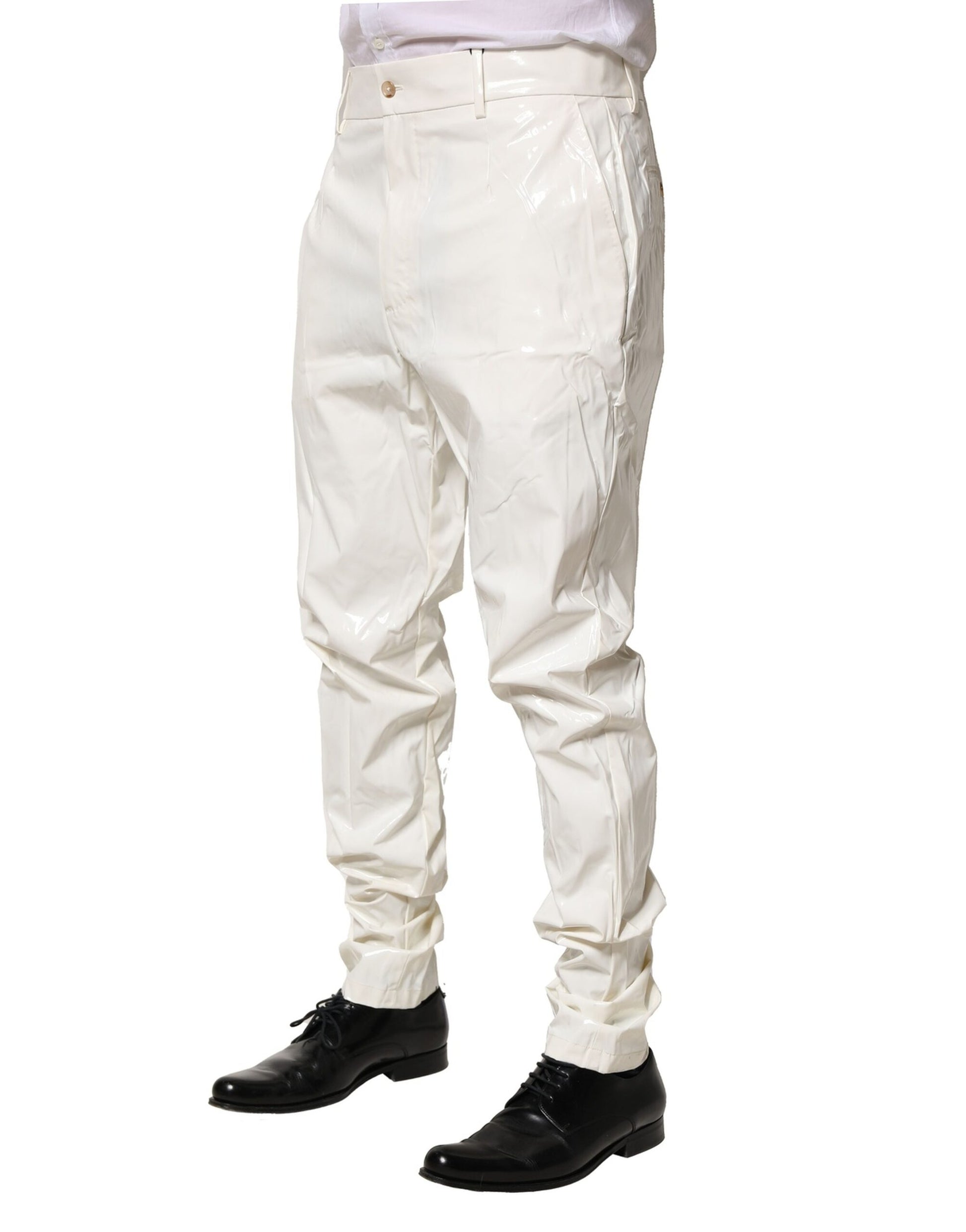 White nylon tapered dress men's pants with elastic waistband