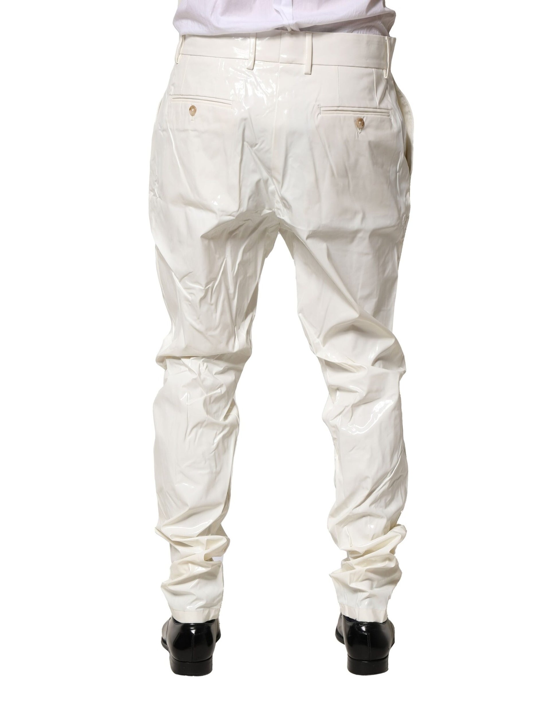 Waterproof nylon pants with tapered legs, elastic waistband