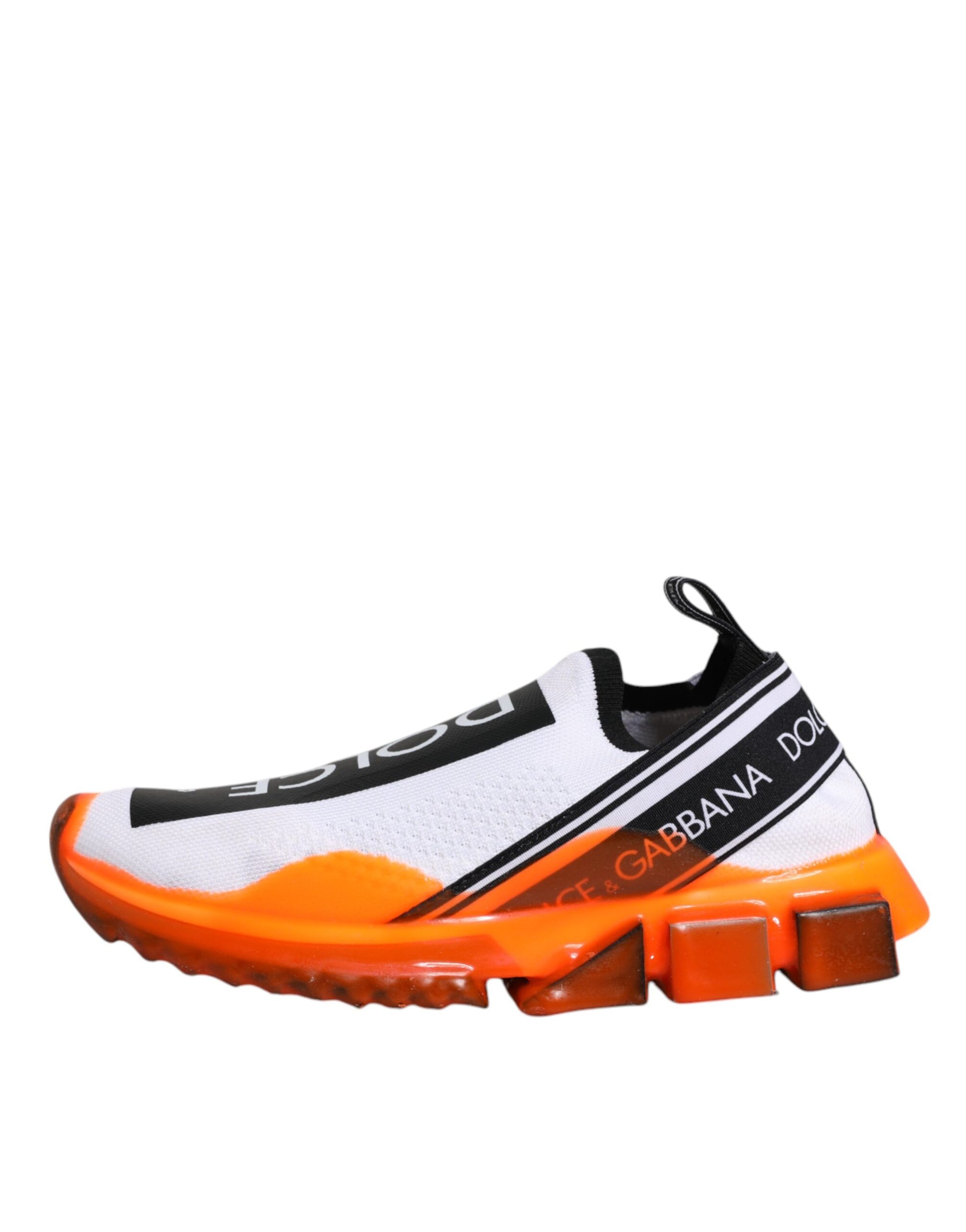 A pair of white and orange slip-on shoes with a black logo on the side