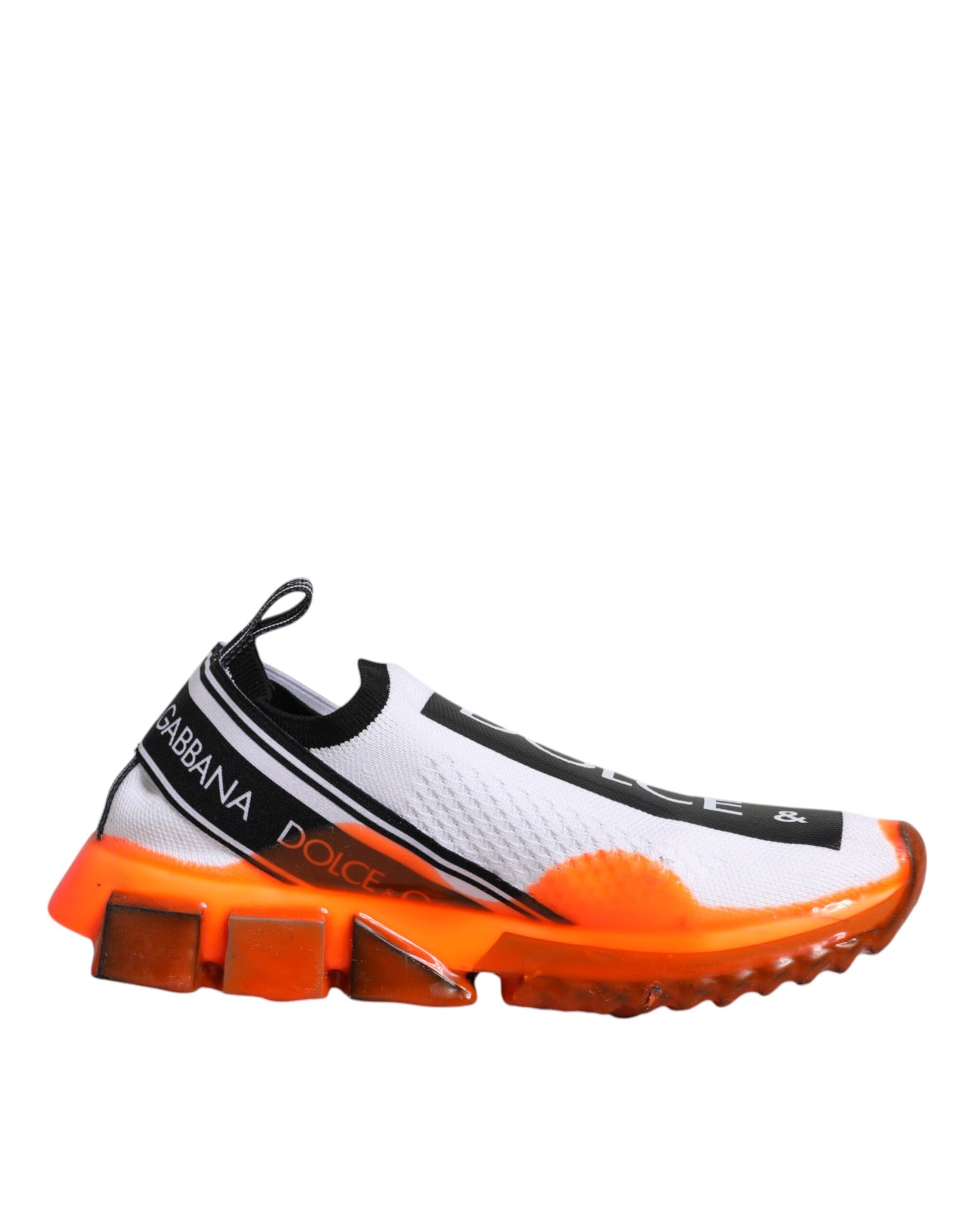 White and orange slip-on shoes with black laces, featuring the Dolce & Gabbana logo