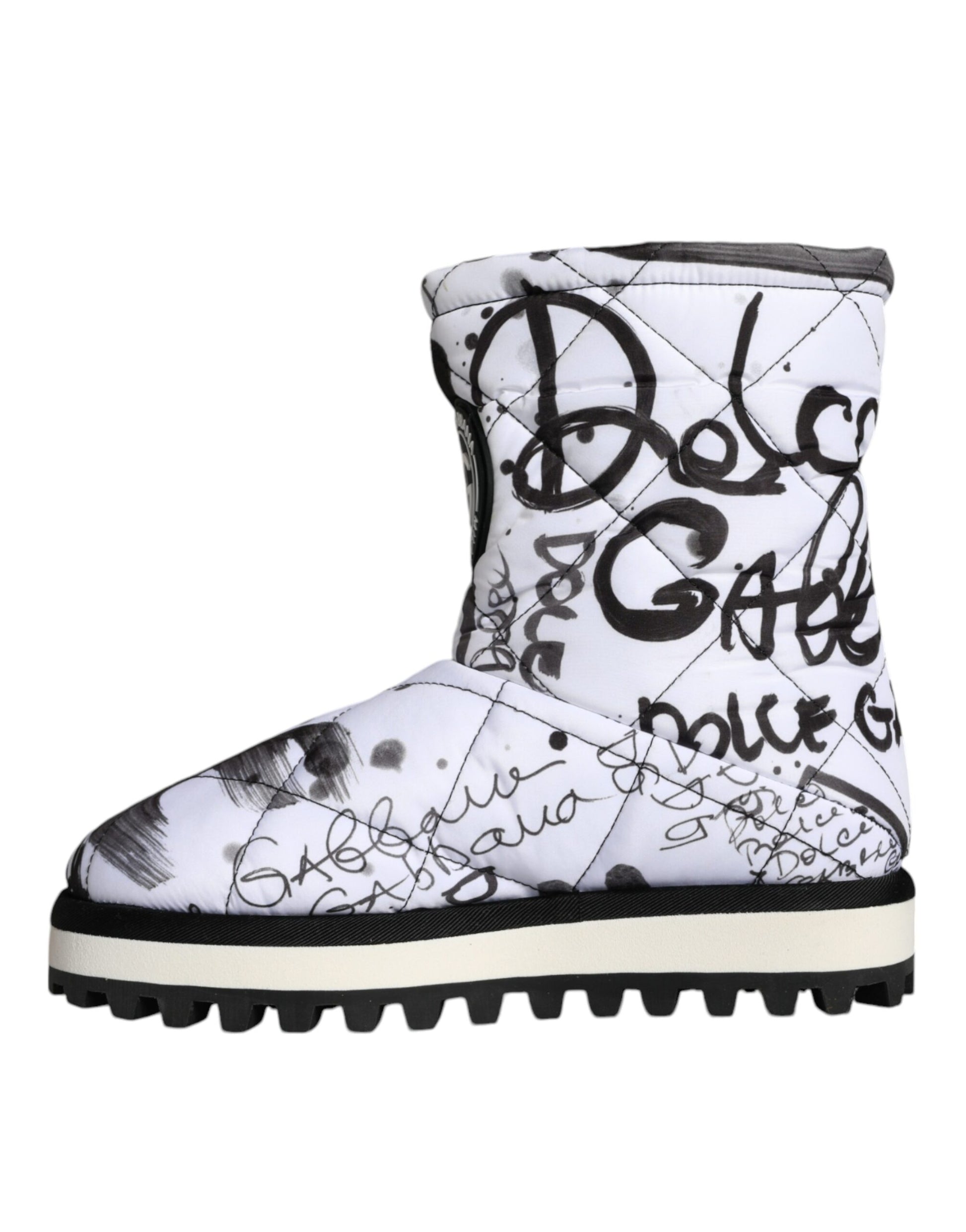 White boot with black writing