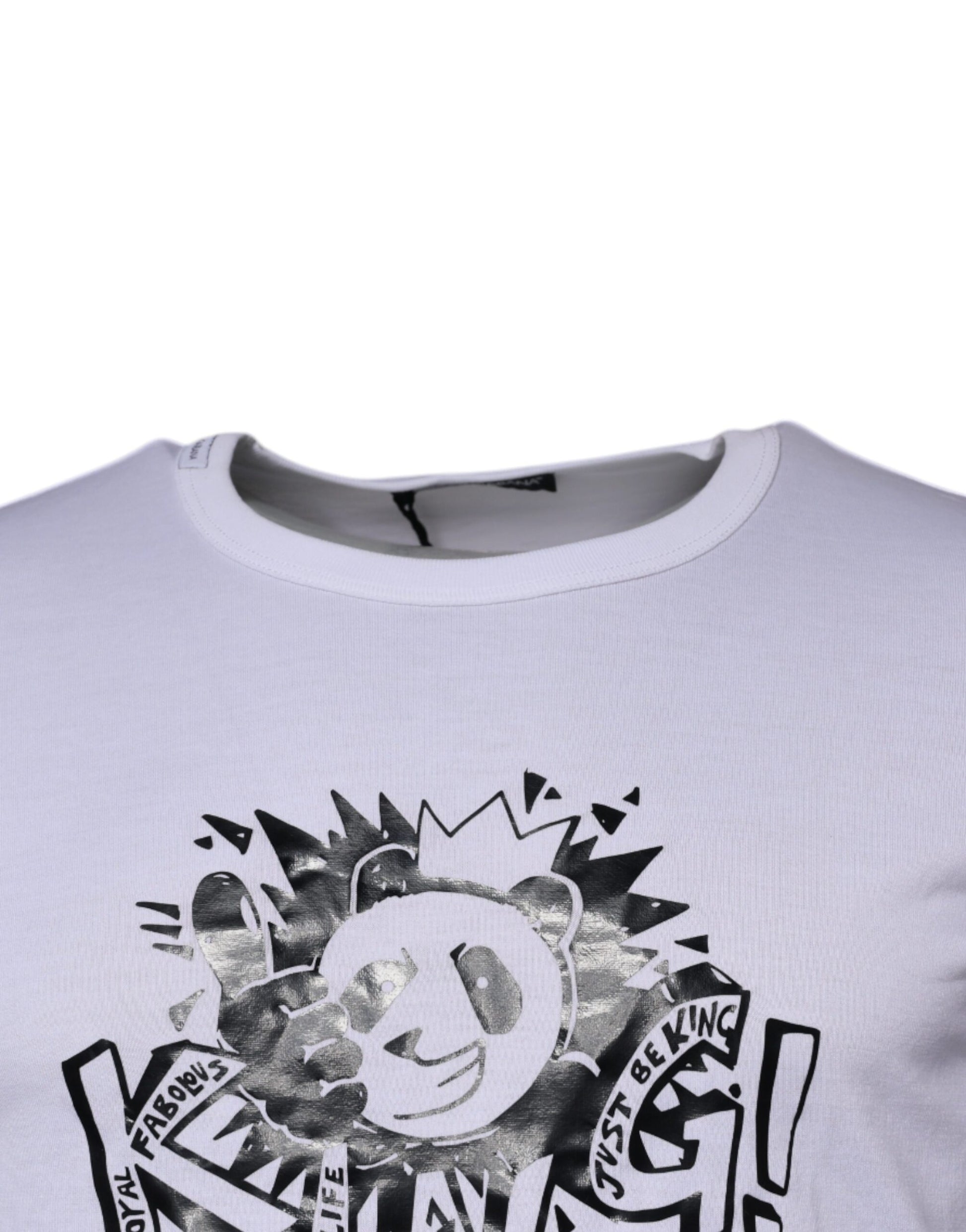 White t-shirt with graphic design on front