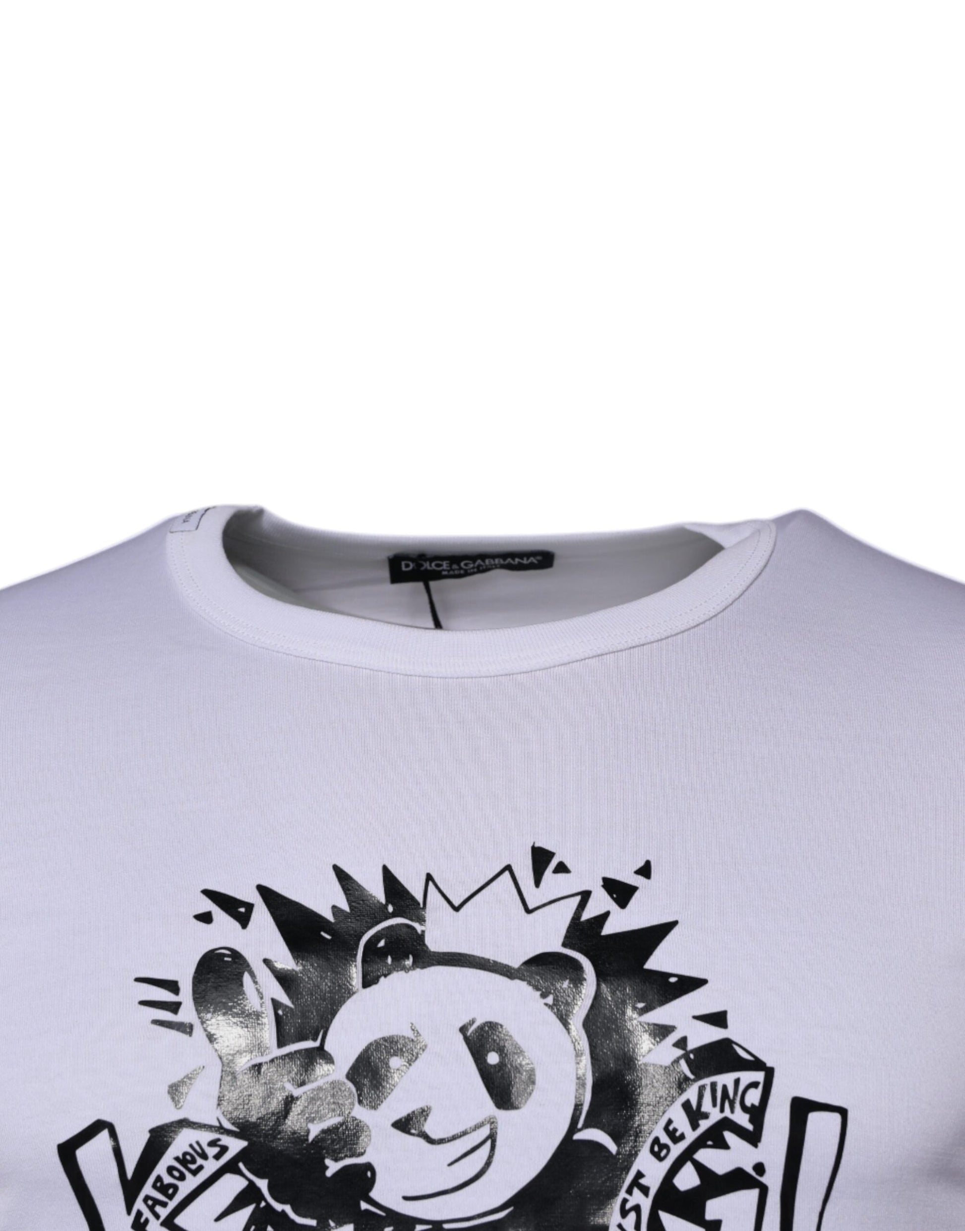 White t-shirt with graphic design on front