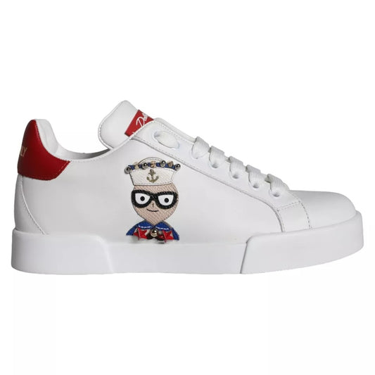 White sneaker with red accents and a cartoon character on the side
