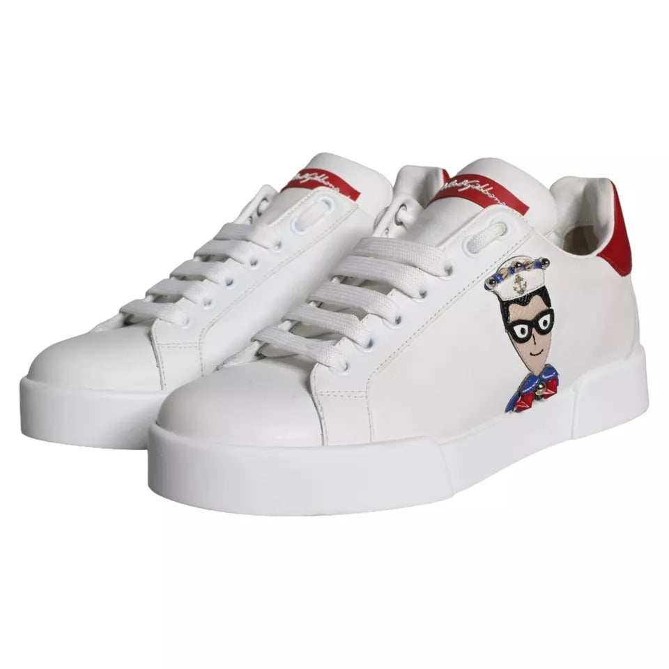 White sneakers with red and blue accents featuring a cartoon character on the side