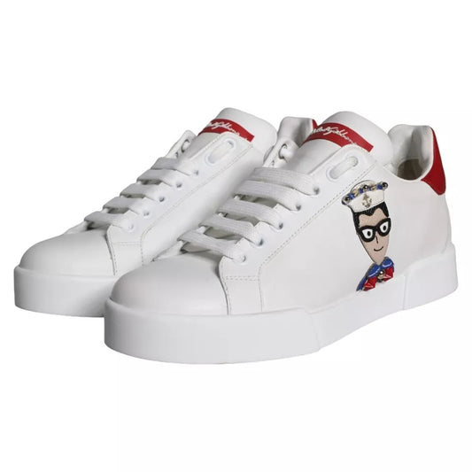 White sneakers with red and blue accents featuring a cartoon character on the side