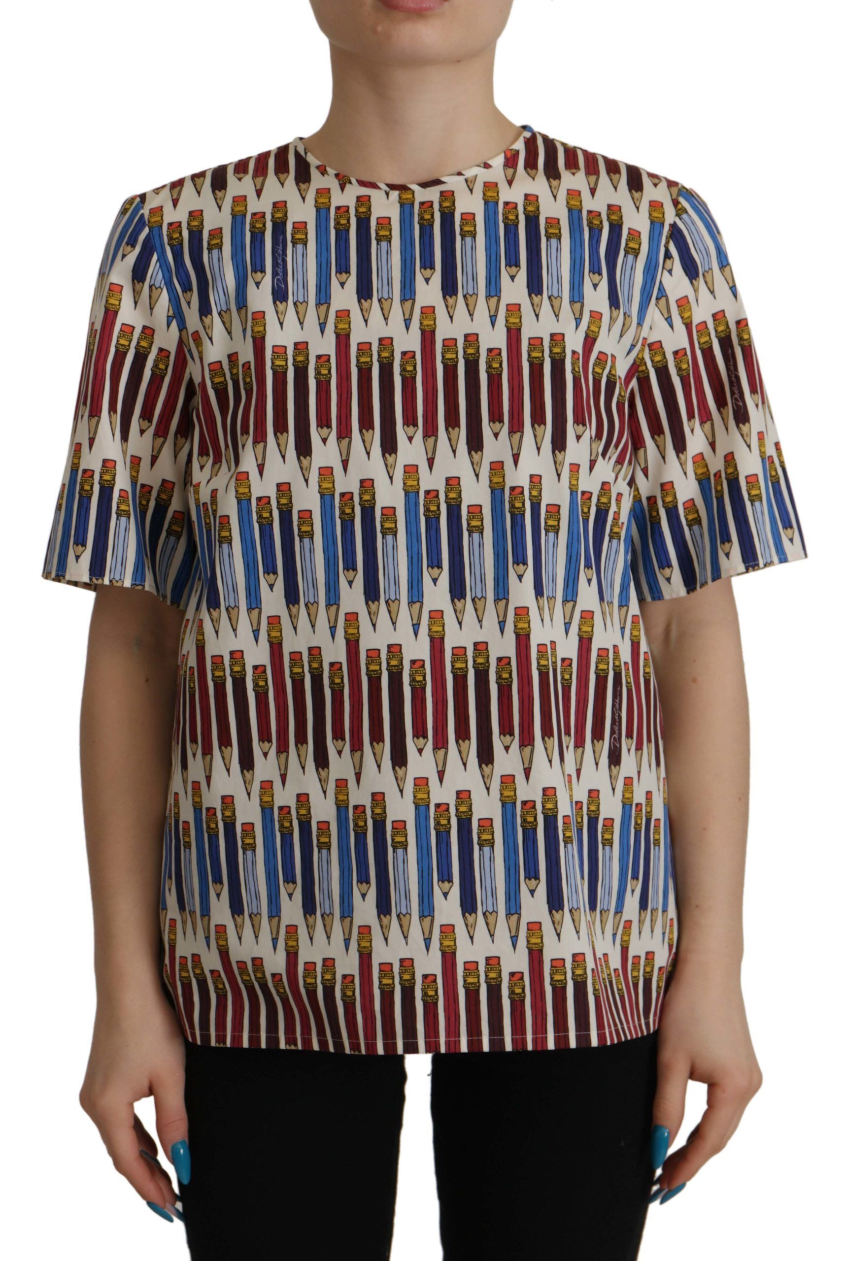 The shirt has a pattern of pencils on it