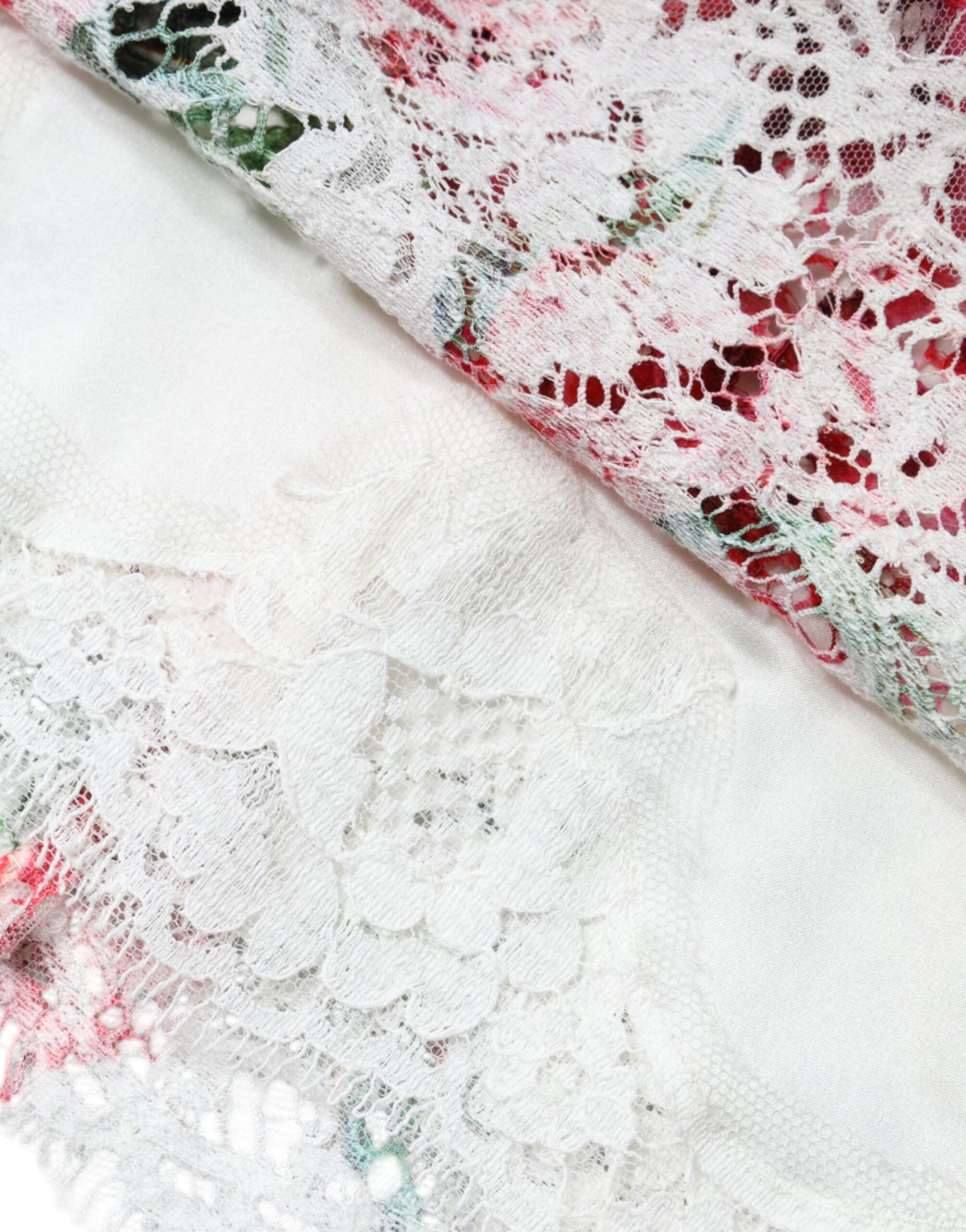 White lace fabric with red floral pattern