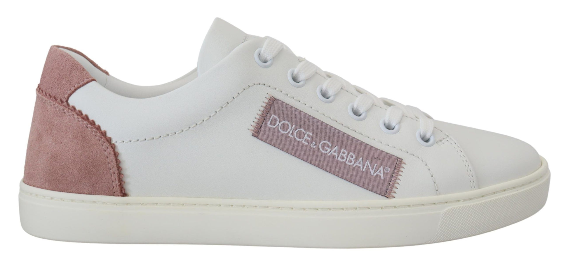Pink and white sneakers with laces