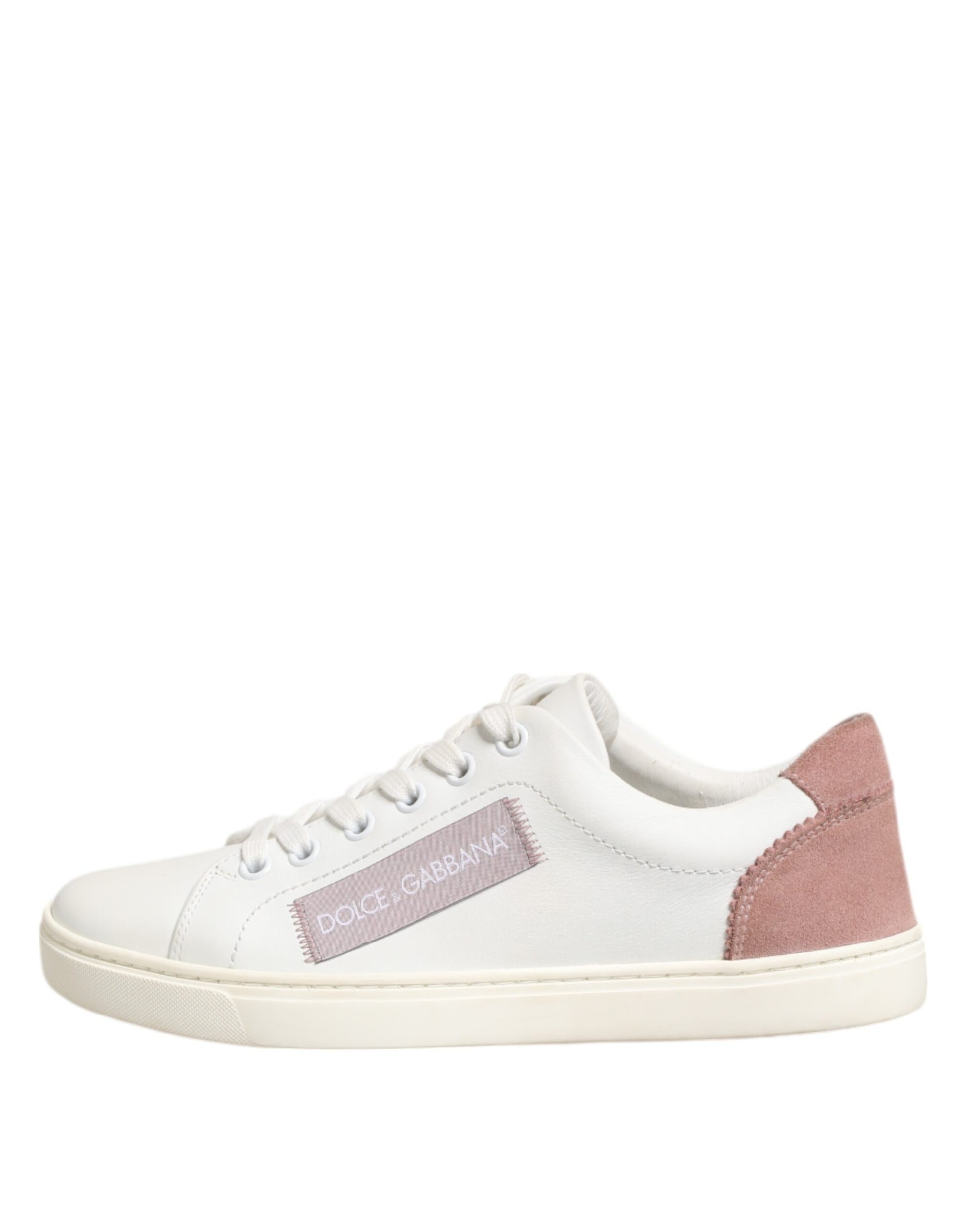 Pink and white sneaker with a logo on the side