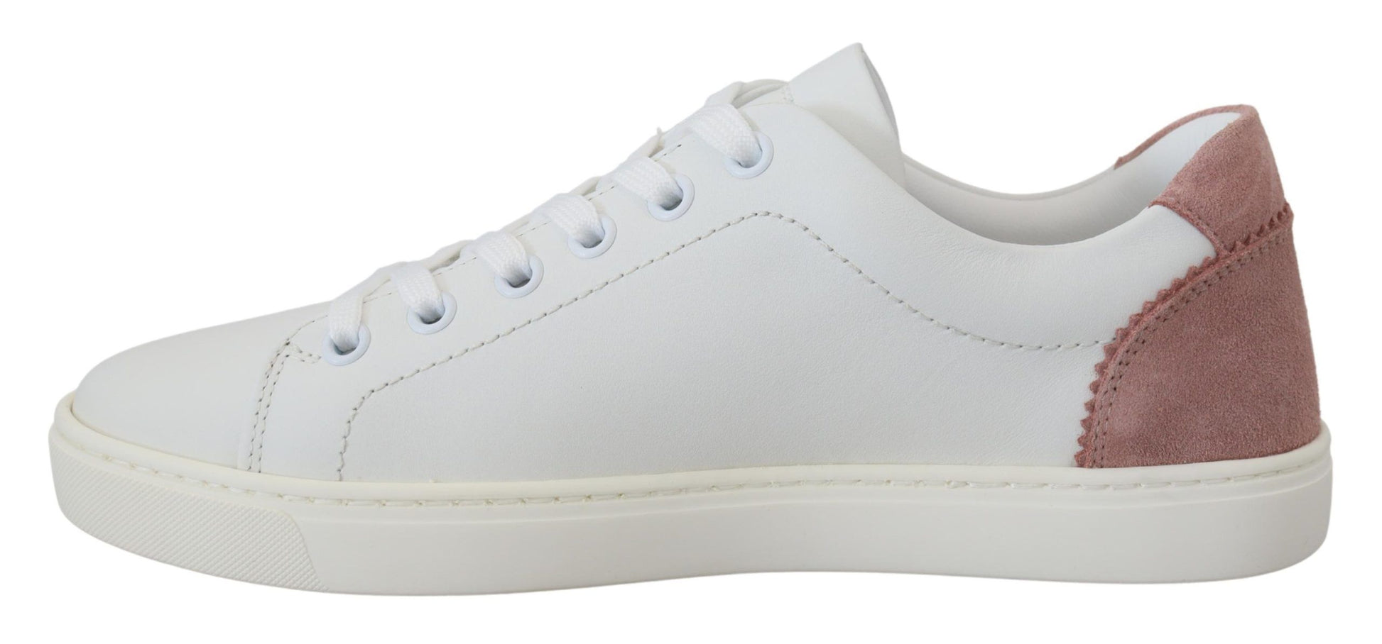 White sneaker with red and pink accents on side