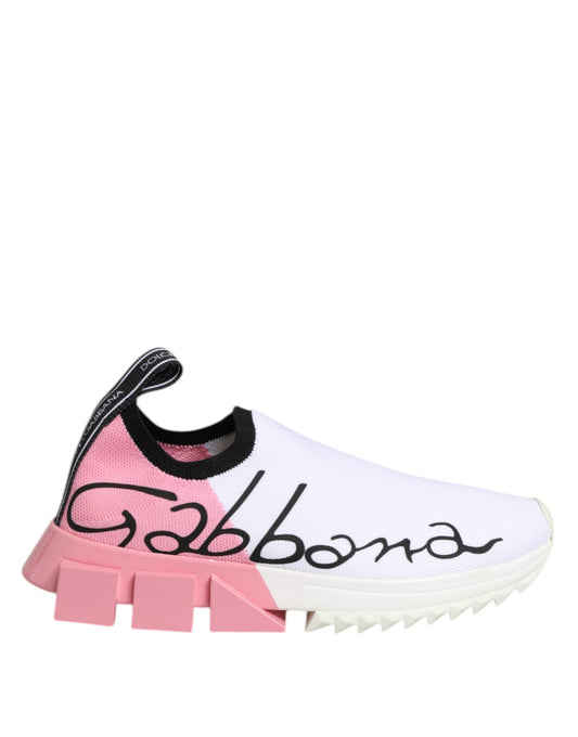 A pair of white pink low top sneakers with the word "Gabanna" written on them