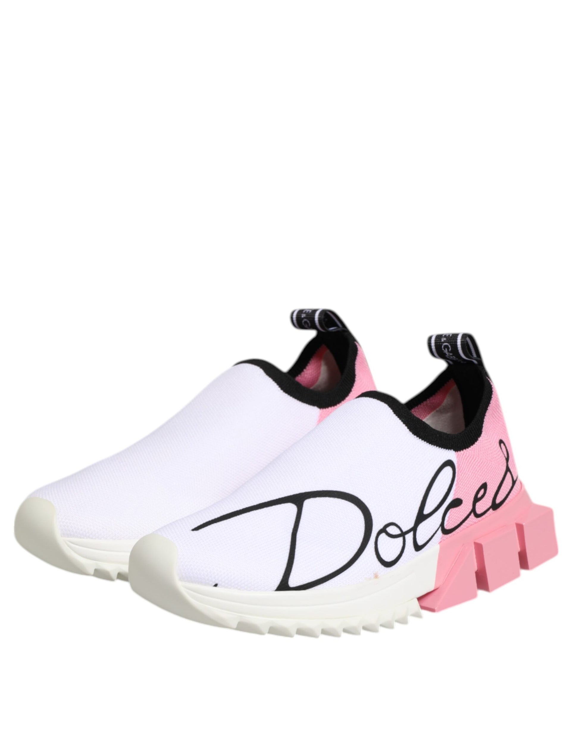 A pair of white pink and black sneakers with the brand name "Dolce & Gabbana" written on them