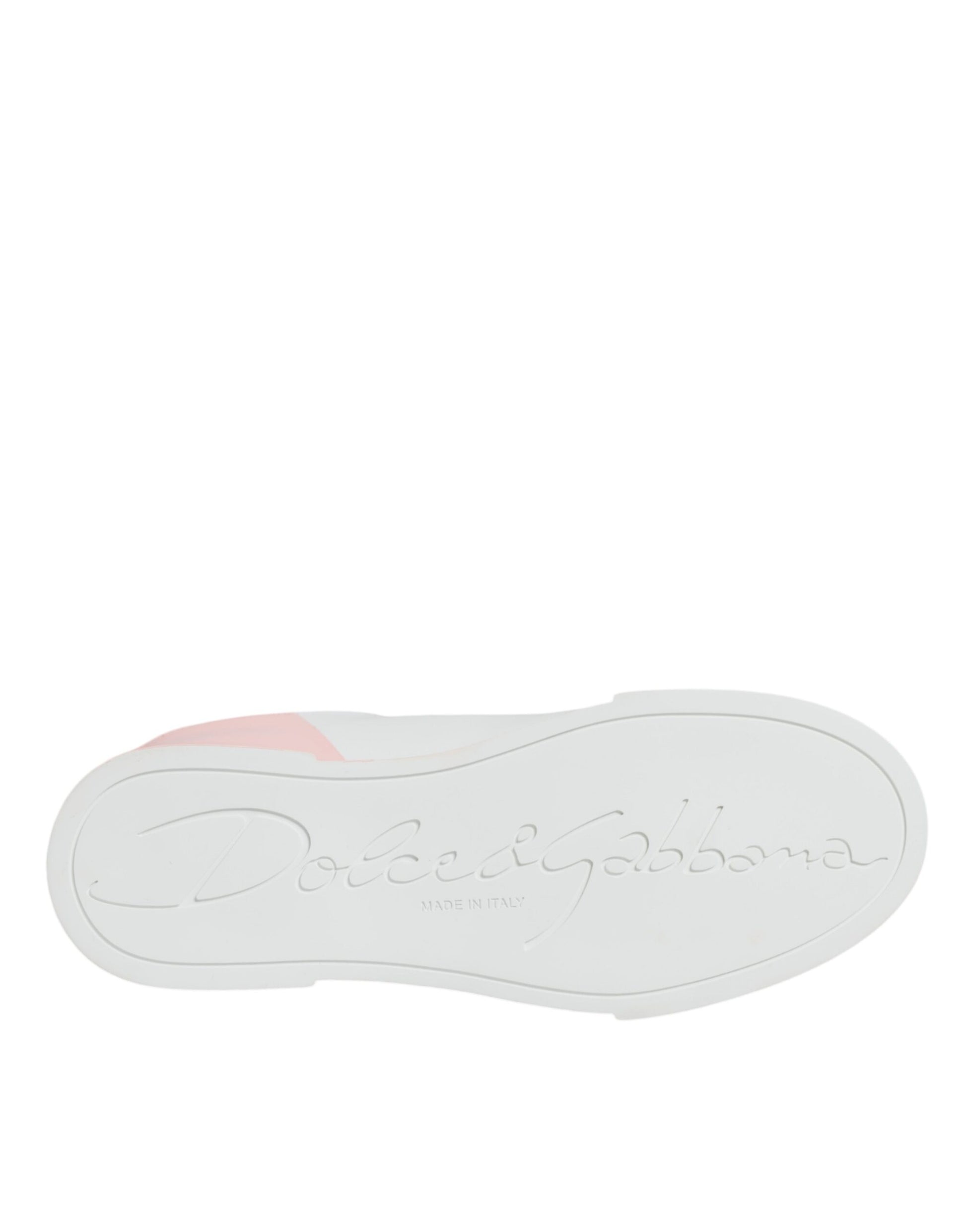 White shoe with pink sole and logo on side