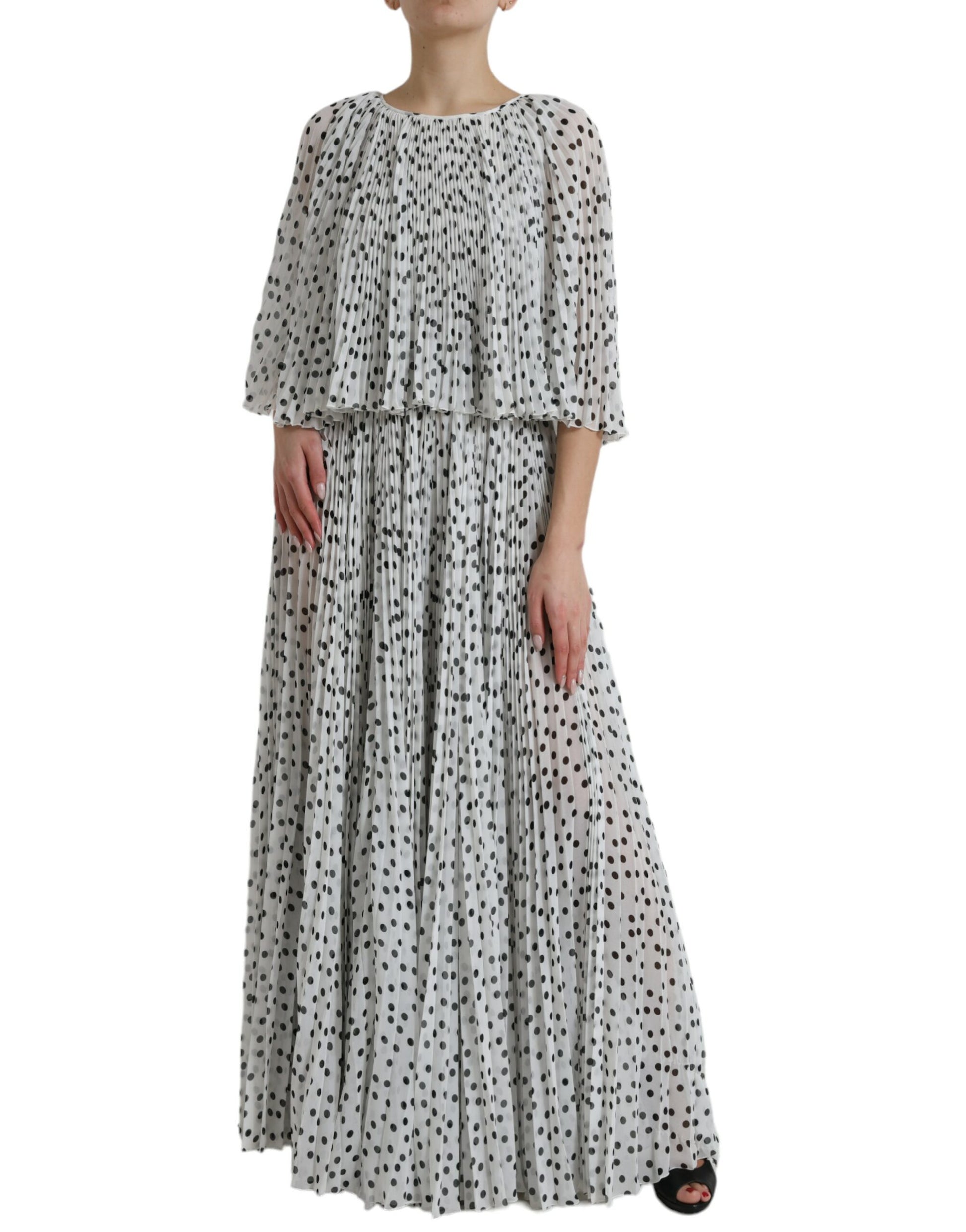 Long white polka dot dress with pleats and a-line skirt