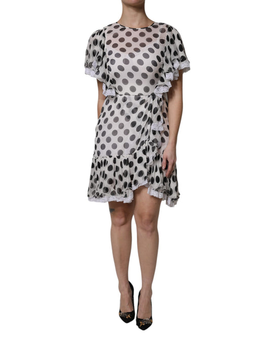 A-line dress with polka dots, silk blend fabric, short sleeves, knee length